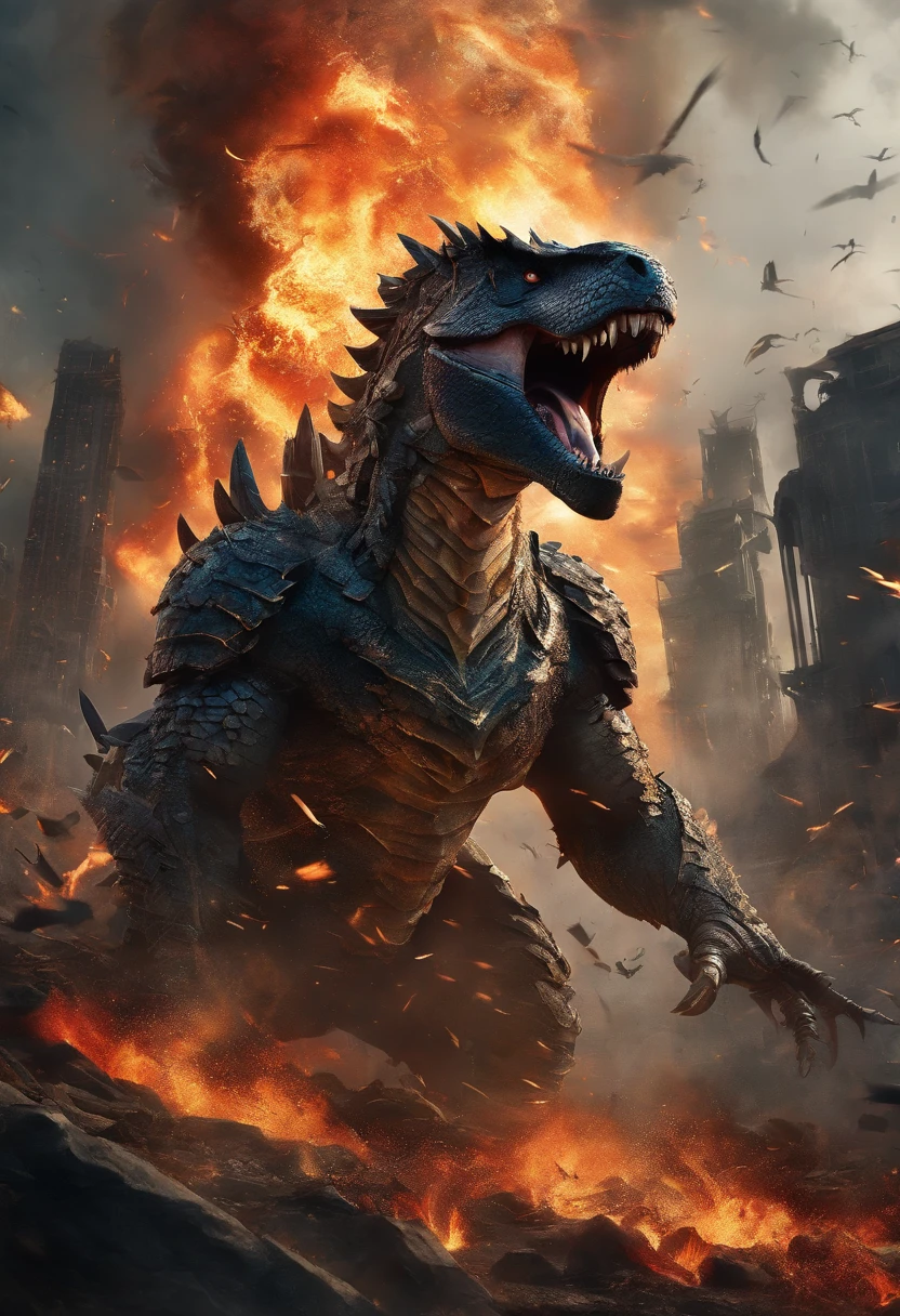 (best quality,4k,8k,highres,masterpiece:1.2),ultra-detailed,(realistic,photorealistic,photo-realistic:1.37),T-rex,battle armor,action pose,detailed scales,sharp teeth and claws,intense battle scene,vibrant colors,dynamic lighting,explosive energy,heroic stance,powerful presence,fierce battle scars,metallic armor plating,thundering footsteps,splintered debris,fierce determination,roaring with fury,surrounded by destruction,massive size and strength,dusty battlefield backdrop,feathers elegantly flowing,dynamic movement and motion,strategic battle strategy,ominous atmosphere,intense battle expression,breathing fire and smoke,showcasing dominance and power,casting shadows on the ground,partially demolished buildings,striking fear into enemies,fire and explosions in the background,feeling the ground shake,awe-inspiring sight,dramatic composition,wide-angle perspective,showcasing the epic nature of the battle,thick and muscular body,ferocious and primal instincts,exuding raw power,imposing presence in the frame,war paint patterns on armor,finely crafted details on the battle armor.