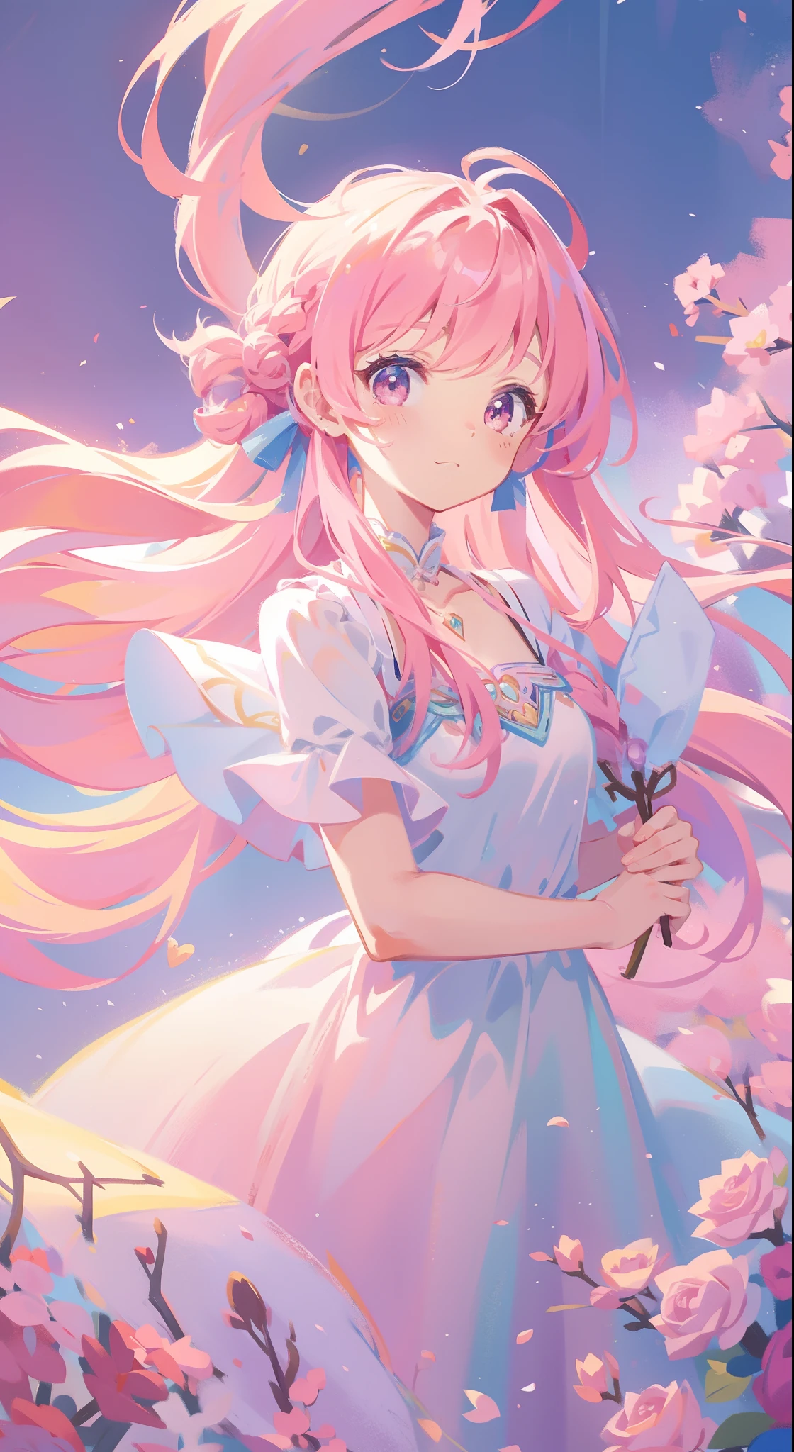 pink hair, beautiful girl, magical girl dress, long twin tail hair, masterpiece, best quality, sharp focus, 8k resolution, top quality, best quality, cute, whimsical, playful, fantasy, intricate dress details, highly detailed dress
