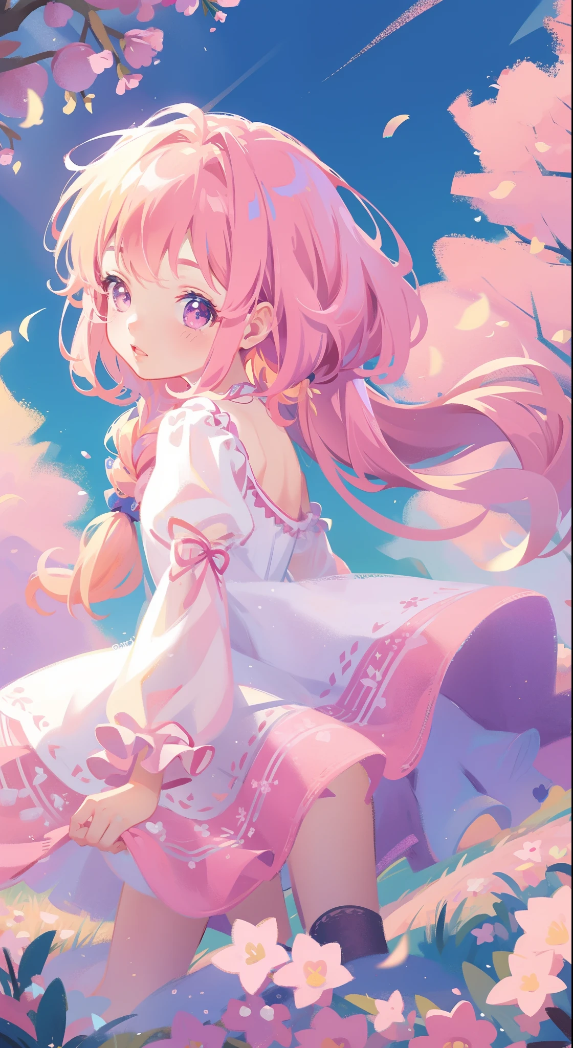 masterpiece, best quality, cute, kawaii, 1girl, solo, pink hair, brown eyes, smile, sunny, cloudy sky, pink maid dress, hand on cheek, lace hair bow, lace thigh high socks, lewd, laying down 