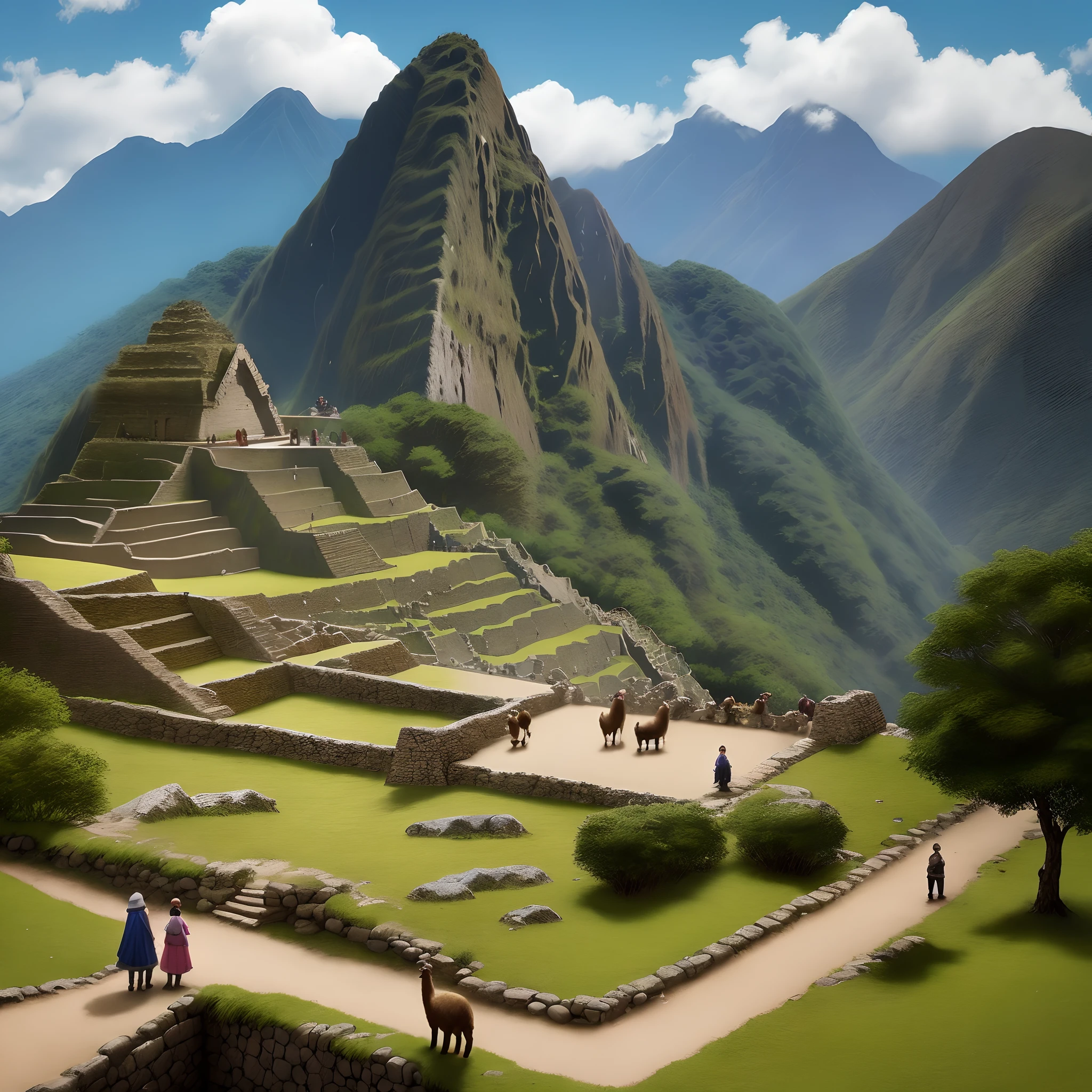 Santuario historico de Machu Picchu, paisaje verde con caminos del inca, A llama and an alpaca with an Inca shepherdess girl batted in a serrano poncho, grafica de 8 bits, arquitectura isometrica