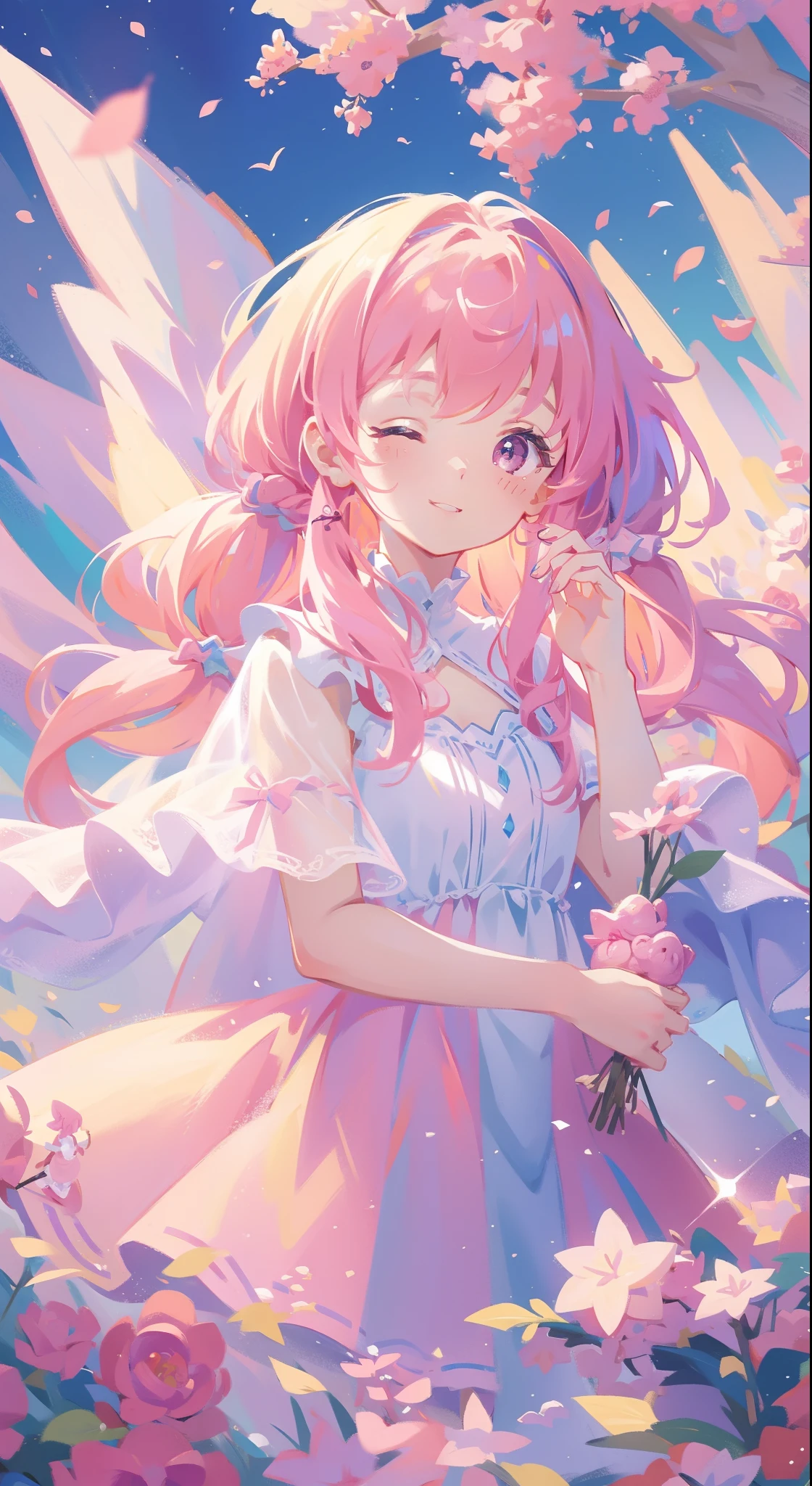 pink hair, beautiful girl, magical girl dress, long twin tail hair, masterpiece, best quality, sharp focus, 8k resolution, top quality, best quality, cute, whimsical, playful, fantasy, intricate dress details, highly detailed dress