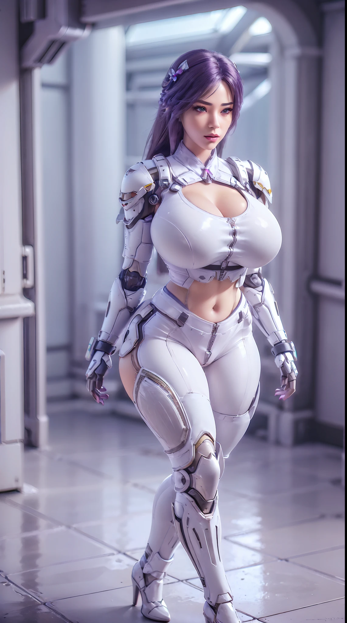 (1GIRL,SOLO:2), (super detailed face), ((BIG BUTTOCKS, HUGE FAKE BREASTS:1.5)), (CLEAVAGE TOP:1.5), (11 LINE ABS FEMALE:1.4), (MECHA GUARD ARM:1.4), ((WEAR MAGENTA WHITE OVERWATCH MECHANICAL ARMOR CROP TOP, BLACK MECHANICAL SKINTIGHT SUIT PANTS, MECHA GUARD ARMOR LEGS, HIGH HEELS:1.5)), (LEWD VOLUPTUOUS BODY:1.3), (GLOSSY SKIN:0.8), (LONG LEGS, FULL BODY:1.1), (LOOKING AT VIEWER:1.3), (female focus:0.886), (WALKING DOWN HALLWAY OF FUTURISTIC SPACE STATION:1), (BRIGHT LIGHT WHITE_ROOM:1.3), SUPER TEXTURE, UNREAL ENGINE RENDER, PHYSICALLY-BASED RENDERING, ULTRA HIGHT DEFINITION, 16K, 1080P.