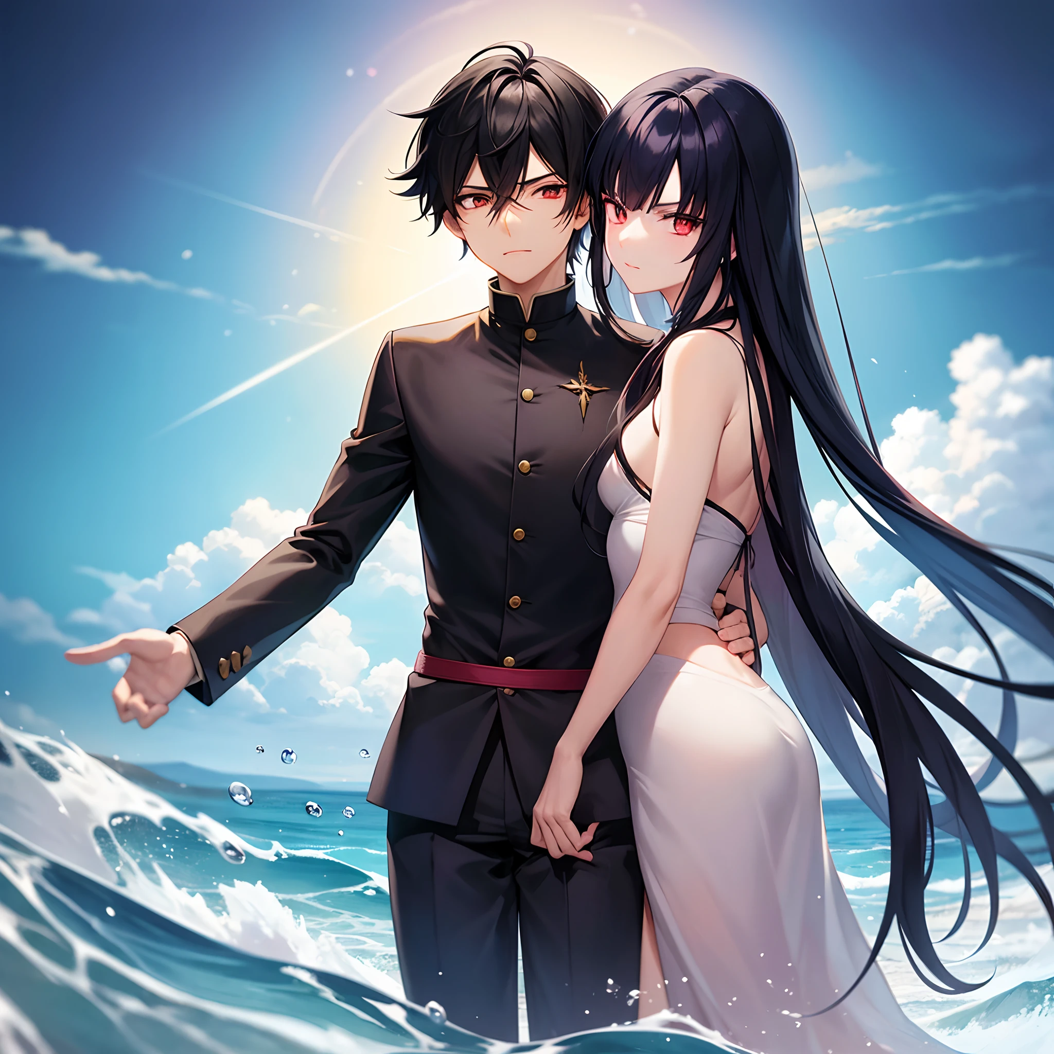 Anime guy with black hair and red eyes standing in front of a body of water, cara de anime alto com olhos vermelhos, Okata Kazuto..., inspirado em Okumura Masanobu, como um personagem de anime, com olhos vermelhos brilhantes, he's very menacing and evil, olhos prateados de corpo inteiro, personagem de anime masculino, homem bonito anime