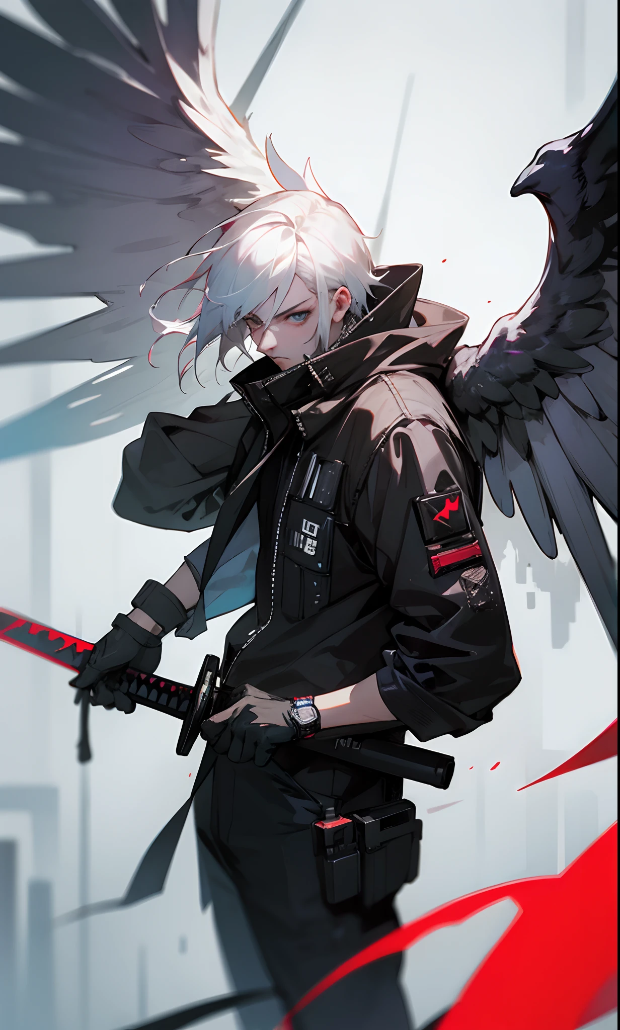 White Haired Man With Sword And Wings In Hands Cyberpunk Style In Front Of Great Metropolis Ultra Realistic Style Anime Style