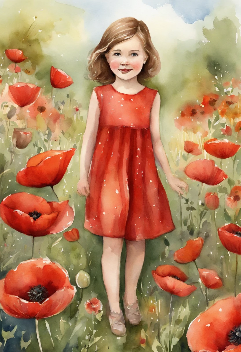 Illustration of a girl, wearing red dress, Playing in the poppy garden, short brown hair, kids book illustration, cute storybook illustration, adorable digital painting, illustration for children, children's illustration, beautiful digital art,