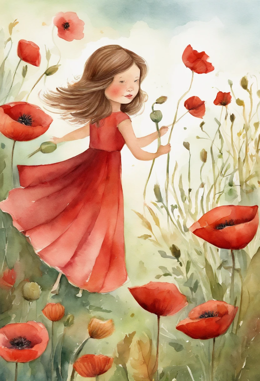 Illustration of a girl, wearing red dress, Playing in the poppy garden, short brown hair, kids book illustration, cute storybook illustration, adorable digital painting, illustration for children, children's illustration, beautiful digital art,