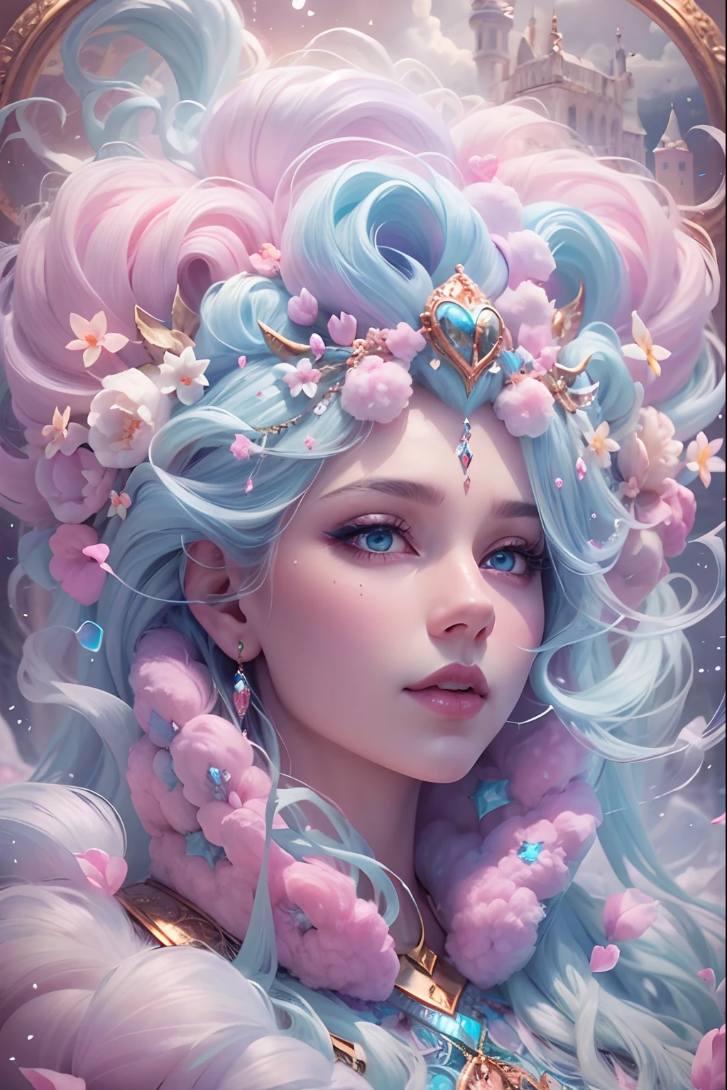 Cotton Candy Queen Women Goddess 8k Resolution Rendered Hyper Realistic Intricate Detail lives in an frosty heart shaped ice bubble, a fanciful place filled with castles, cotton candy, swans lakes and fluffy clouds, An intricate visual representation of computer programing, rendered in 24k resolution with intricate details and symbols.