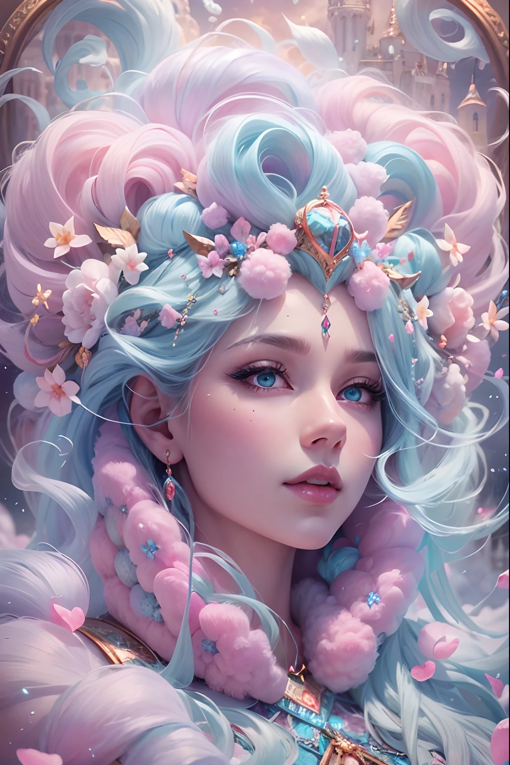 Cotton Candy Queen Women Goddess 8k Resolution Rendered Hyper Realistic Intricate Detail lives in an frosty heart shaped ice bubble, a fanciful place filled with castles, cotton candy, swans lakes and fluffy clouds, An intricate visual representation of computer programing, rendered in 24k resolution with intricate details and symbols.