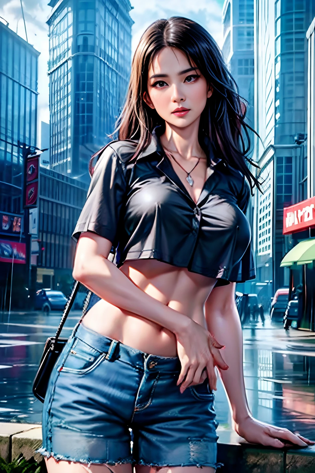 8k、RAW Photography、Top image quality、masterwork:1.2)、(realisitic、Photorealsitic:1.37)、1girl、japanese、28 year old、female、Sateen、A cityscape、Street、natural soft light、photon maping、Radio City、Detailed face、Detailed lips、detailed eyes、More skin、Double eyelids、Dark brown hair、(huge-breasted:1.4)、(Tight shirt、rain-soaked shirts)、(shortpants、Shorts wet in the rain)、a necklace、（nipple protrusions：1.3）、Hourglass-shaped body、shinny skin、(Wet Body:1.3)、Model Pose、sexy facial expression、cowboy  shot、Make eye contact with the camera  --s-imagine  -imagine