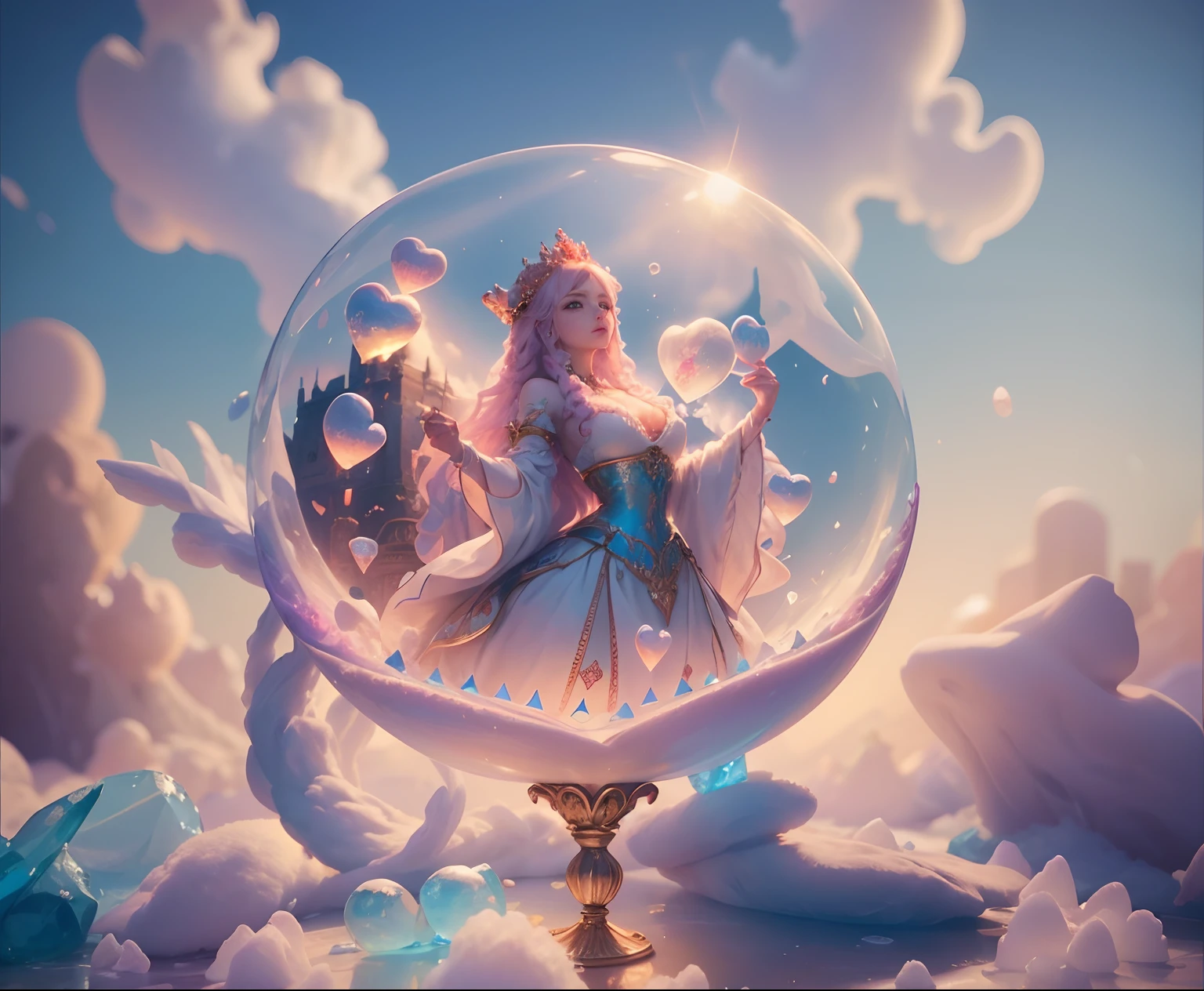 A beautiful Queen of hearts Goddess, 8k Resolution, Rendered Hyper Realistic, Intricate Detail lives in an frosty heart shaped ice bubble, a fanciful place filled with castles, cotton candy, pawns playing cards and fluffy clouds, An intricate visual representation of computer programing, rendered in 24k resolution with intricate details and symbols.