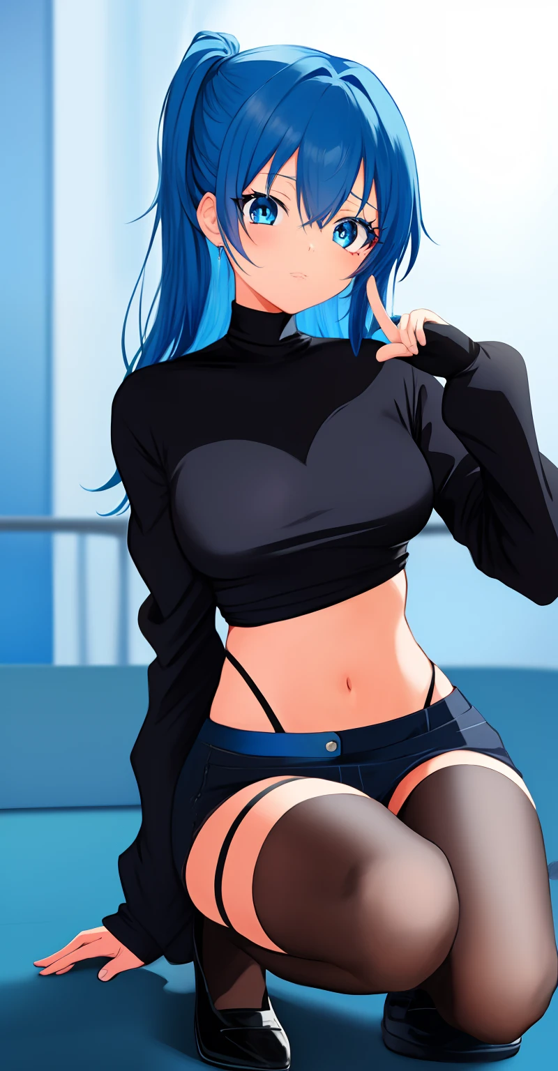 anime girl with blue hair and blue eyes in a black top, peace hand, made with anime painter studio, flat anime style shading, paint tool sai!! blue, anime moe artstyle