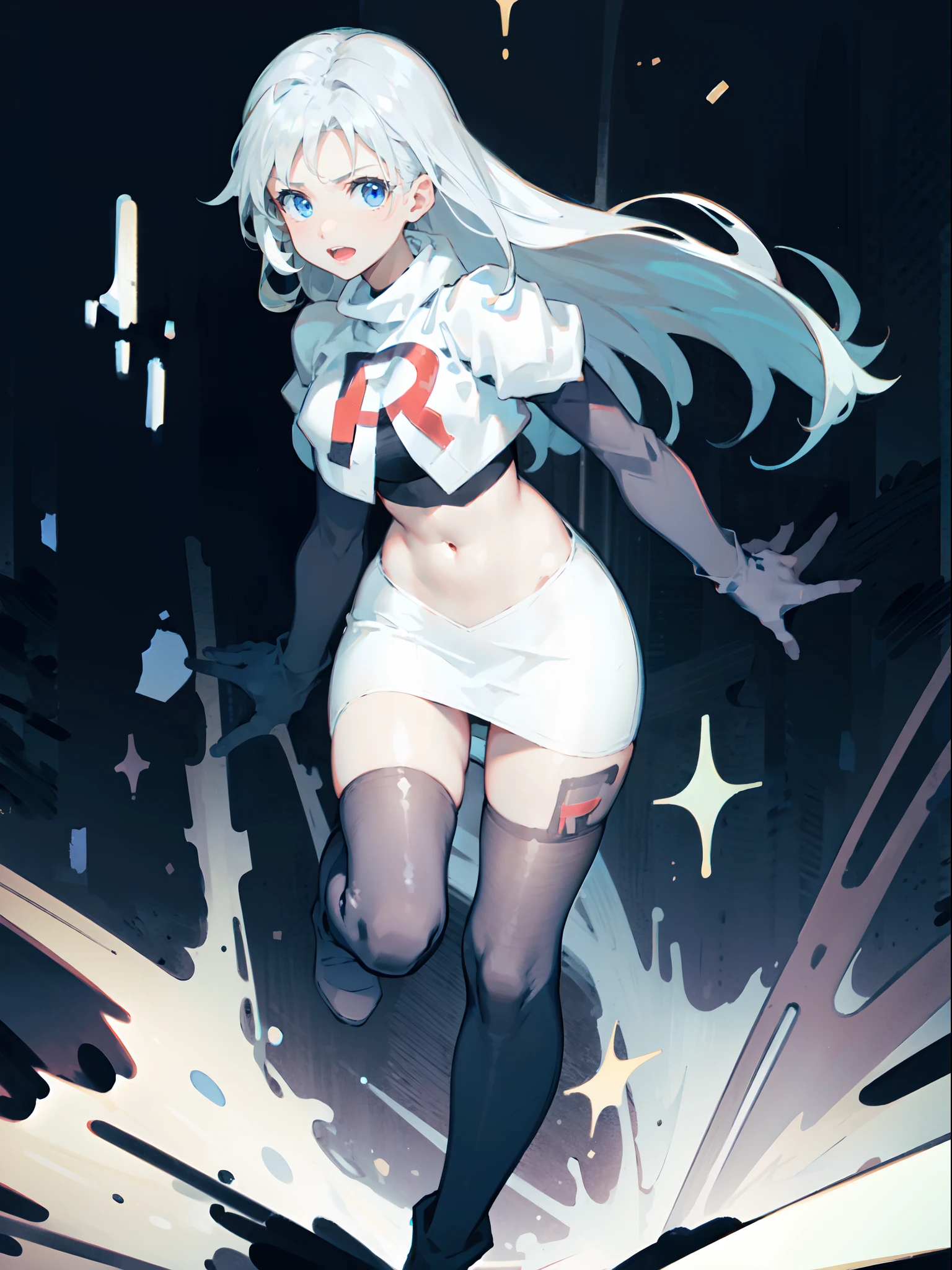 1girl,team rocket,team rocket uniform,white skirt,crop top,black thigh-highs,black elbow gloves,