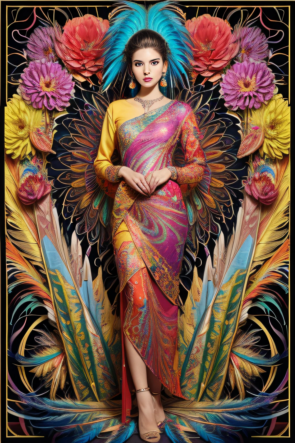 (masterpiece, top quality, best quality, official art, beautiful and aesthetic:1.2), (1girl:1.3), extremely detailed,(fractal art:1.1),(colorful:1.1)(flowers:1.3),highest detailed,(zentangle:1.2), full body, (abstract background:1.3), (shiny skin), (many colors:1.4), ,(earrings), (feathers:1.5),