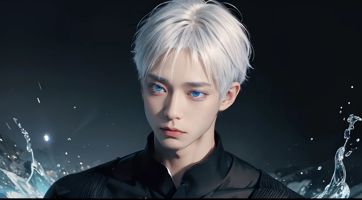 satoru gojo, white hair, short hair, hair between eyes, blue eyes, colored eyelashses, solo, 1man, black clothes