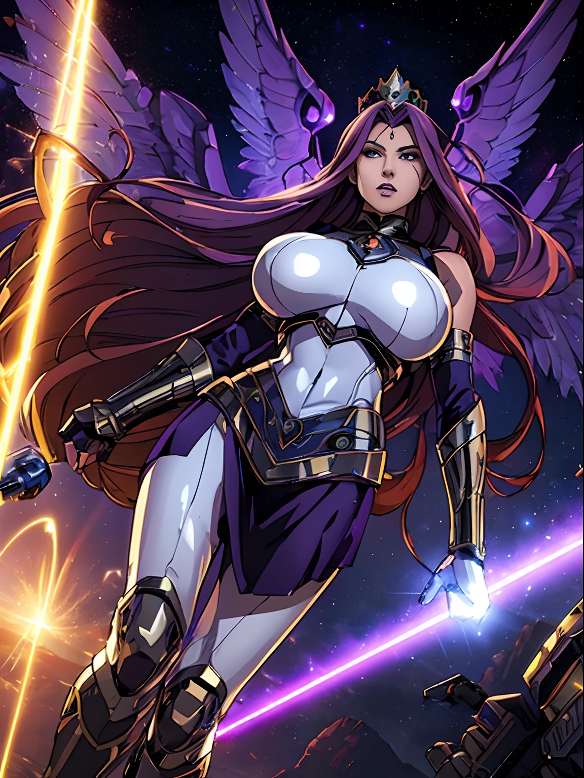 (masterpiece, top quality, best quality, official art, beautiful and aesthetic:1.2), (1girl:1.3), extremely long curly golden hair, extremely detailed, portrait, looking at viewer, solo, (full body:0.6), detailed background, close up, (cool science fiction space theme:1.1), extremely busty valkyrie, charlatan, mysterious, shooting lasers in space, cybernetic angel, huge feathered wings, chrome boob armor, dark purple streamers and skirts and sleeves and knee wrappings, cybernetic implants, mechanical hand, laser cannon, arm cannon, revealing chrome armor, bare midriff, glowing laser energy, crown, halo, intricate armor, ornate chrome armor, sheer white fabric, elegant purple fabric, skirts, streamers, cowl, boots, bracers, ((((gigantic breasts))), slim waist, slim hips, long legs, athletic, SPACE, futuristic moon, (space exterior:1.1) background, dark mysterious lighting, shadows, magical atmosphere, dutch angle