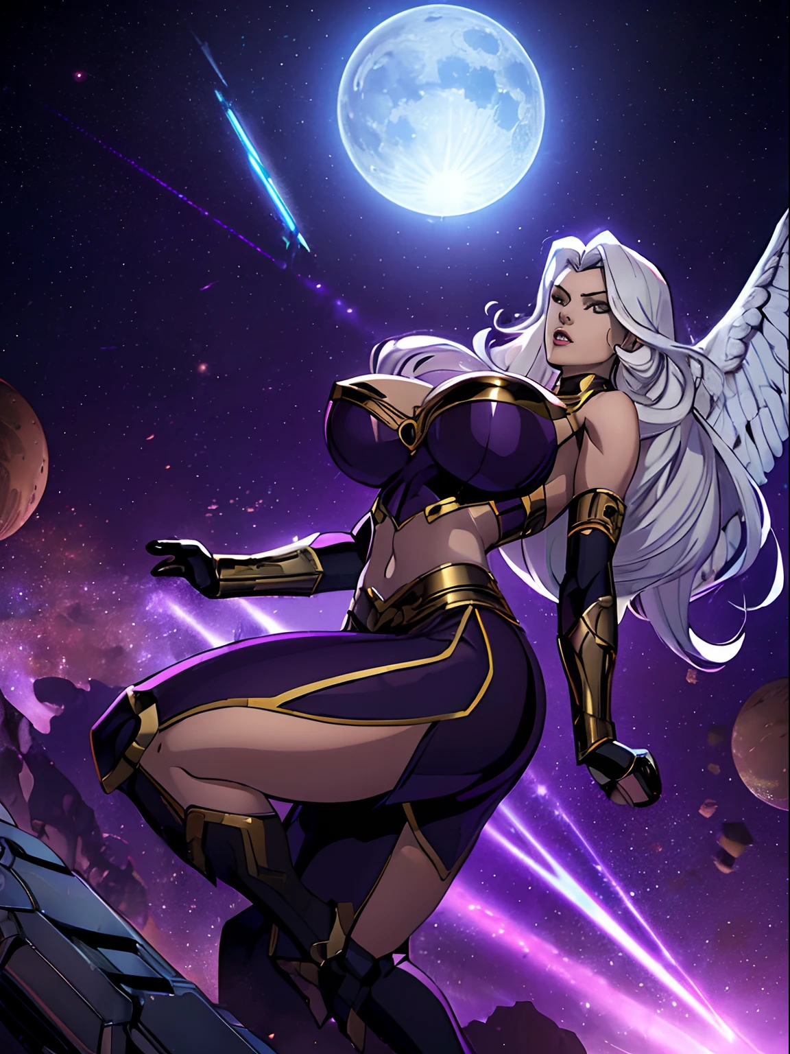 (masterpiece, top quality, best quality, official art, beautiful and aesthetic:1.2), (1girl:1.3), extremely long curly golden hair, extremely detailed, portrait, looking at viewer, solo, (full body:0.6), detailed background, close up, (cool science fiction space theme:1.1), extremely busty valkyrie, charlatan, mysterious, shooting lasers in space, cybernetic angel, huge feathered wings, chrome boob armor, dark purple streamers and skirts and sleeves and knee wrappings, cybernetic implants, mechanical hand, laser cannon, arm cannon, revealing chrome armor, bare midriff, glowing laser energy, crown, halo, intricate armor, ornate chrome armor, sheer white fabric, elegant purple fabric, skirts, streamers, cowl, boots, bracers, ((((gigantic breasts))), slim waist, slim hips, long legs, athletic, SPACE, futuristic moon, (space exterior:1.1) background, dark mysterious lighting, shadows, magical atmosphere, dutch angle