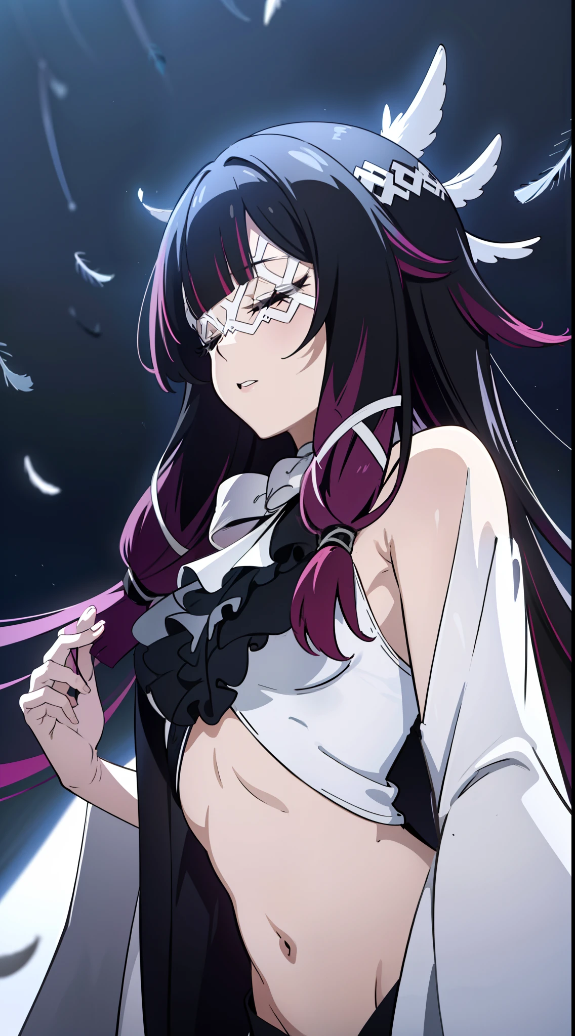 2D, HD, ultra Detailed, masterpiece, best quality, high quality, (solo), masterpiece, best quality, 1girl, long hair, black hair, red hair, solo, closed eyes, eye_mask, head wings, hair ornament, blunt bangs, upper body, small breasts, feathers, dark, falling feathers