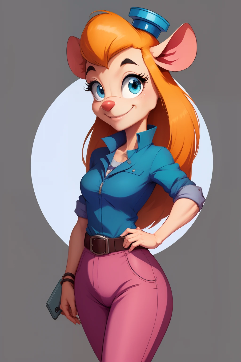 gadget_hackwrench, gh_clothes, gh_goggles, cowboy shot, smile, (high quality:1.2), masterpiece, detailed, highres, 4k, sharp focus, simple style, cartoon, [[anime]]