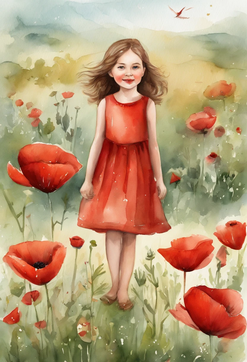 Illustration of a girl, wearing red dress, Playing in the poppy garden, short brown hair, Cranes flying in the sky, kids book illustration, cute storybook illustration, adorable digital painting, illustration for children, children's illustration, beautiful digital art,