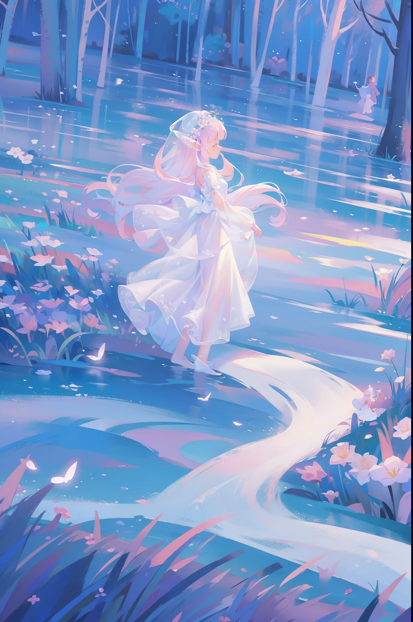 masterpiece, 8k, sharp focus, high resolution, princess, beautiful girl in fantasy white dress, otherworldly landscape, fantasia landscape background, willow trees, plants and flowers, dreamlike, dreamy, beautiful, fantasy, water nymph, fairy, water spirit, ethereal