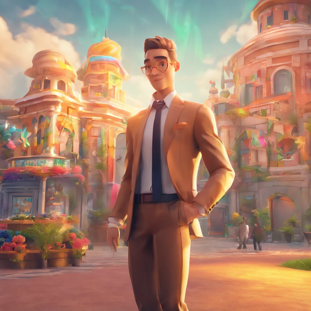 (best quality,4k,highres,masterpiece:1.2),ultra-detailed,realistic,anime,portrait,sharp focus,physically-based rendering,professional,vivid colors,HDR,bokeh,male bunny character,male hero,strong jawline,mesmerizing hazel eyes,piercing gaze,well-groomed eyebrows,blonde hair,dark blonde hair,athletic build,fit body,smart casual business attire,charming smile,intelligent expression,funny personality,30 years old,mature look,confident posture,standing position,animated style,playful spirit,mischievous aura,energetic vibe,dynamic background,colorful backdrop,sunlit scene,lively environment,cartoonish lighting,entertaining atmosphere