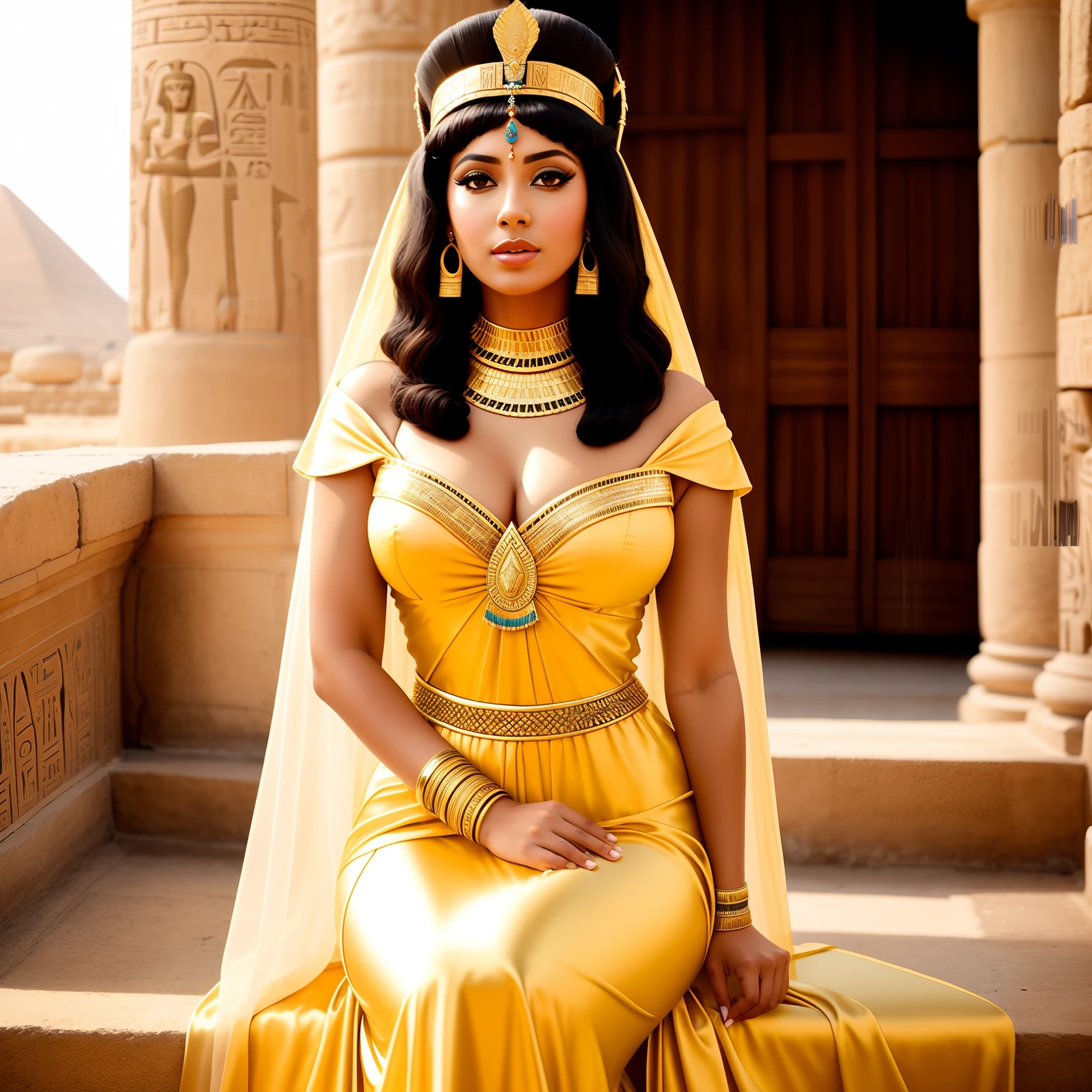 mulher em um vestido dourado sentado em uma cadeira, cleopatrah, beautiful cleopatra, Elizabete Taylor, Cleopatra in her palace, Egyptian Princess, Orientalismo dos anos 1960, egyptian setting, Rainha persa, egyptian style, wearing an egyptian crown, cleopatra portrait, Egyptian, usando um vestido de ouro gossamer, Deusa Rainha, usando uma toga