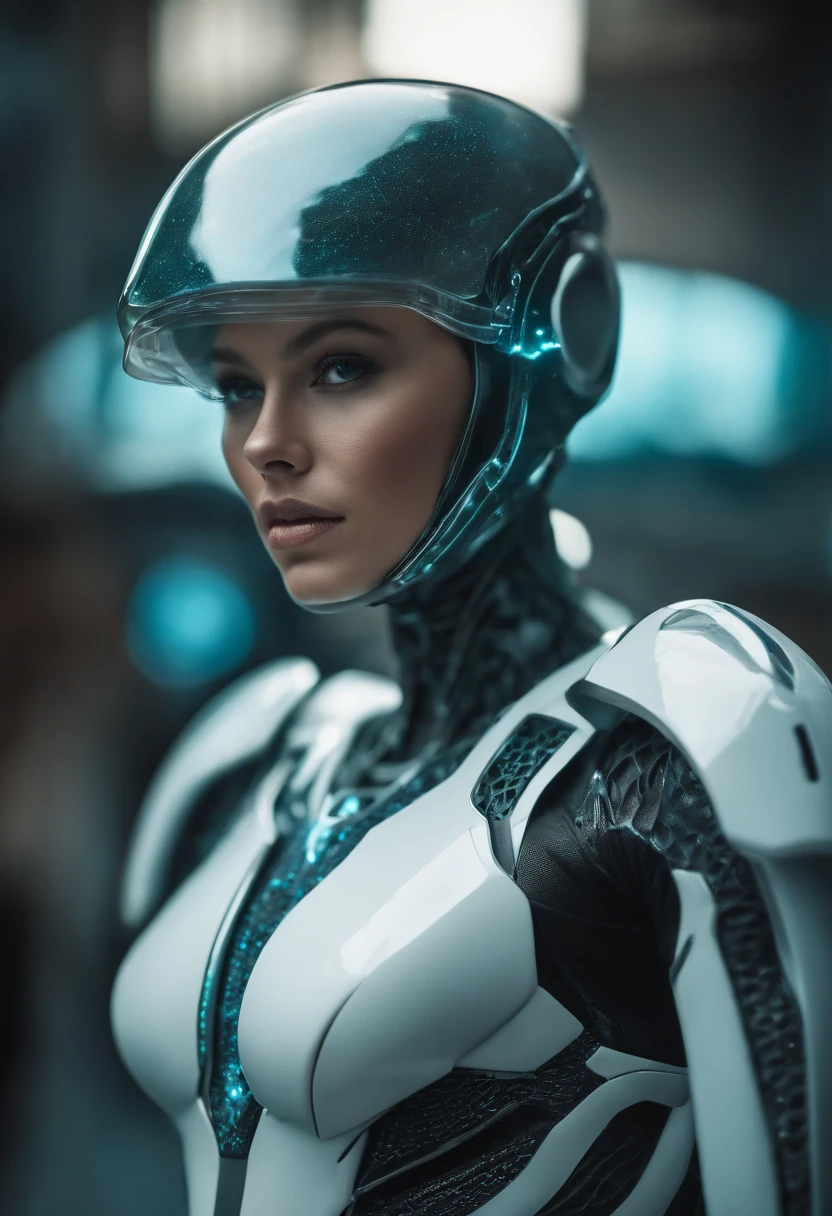 female robocop best quality,master piece,intricate details,nsfw,1girl,solo,(full body:1.4),(light smile),legs,simple background,brightly,lips,alien android,simple background,alien,brain in (transparent:1.2) skull,(organic helmet),a beautiful futuristic woman with a futuristic head,in the style of dark white and light aquamarine,translucent skin,undefined anatomy,eccentric detail placements,alien worlds,intricately sculpted,techpunk,spine,exo-skeleton,colored skin,upper body,closed mouth,breasts,depth of field,ultra hd,matte photo,bold yet graceful,intricate embellishments,8k resolution, Lillity metade homem metade mulher