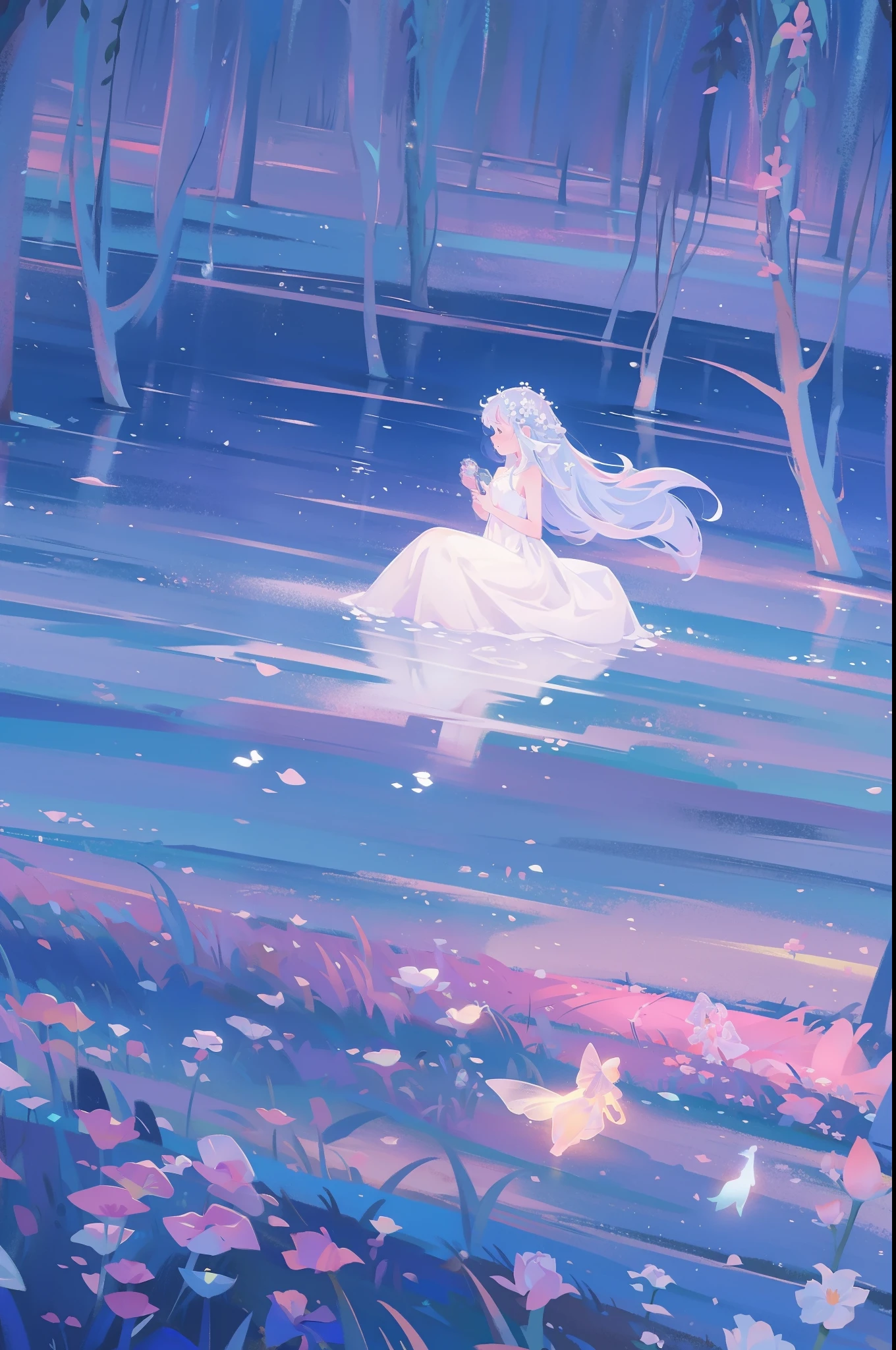 masterpiece, 8k, sharp focus, high resolution, princess, beautiful girl in fantasy white dress, otherworldly landscape, fantasia landscape background, willow trees, plants and flowers, dreamlike, dreamy, beautiful, fantasy, water nymph, fairy, water spirit, ethereal
