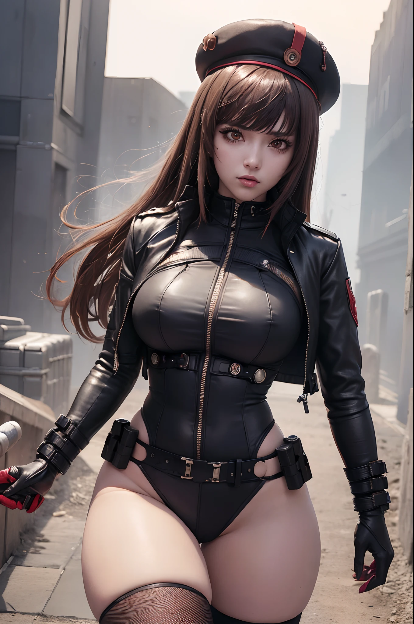 ((mejor calidad)), ((obra maestra)), (muy detallado: 1.3) chica Rapidef, ojos rojos, nikke anime con pechos muy grandes y cola grande muslos hechizantes con una pistola y un sombrero y una corbata roja, mechanized soldier girl, M4 Sopmod II Girls Front Line, Cyberpunk femme fatale, Chica femenina de anime cyberpunk, Cyberpunk anime chica mech, Chica Valquiria mecanizada, detalles finos. girls frontline, Cyberpunk enojada hermosa diosa, Chica de anime cyberpunk, Mecanoide cyberpunk de moda, Wearing Technical Clothing and Armor ON A BATTLEFIELD