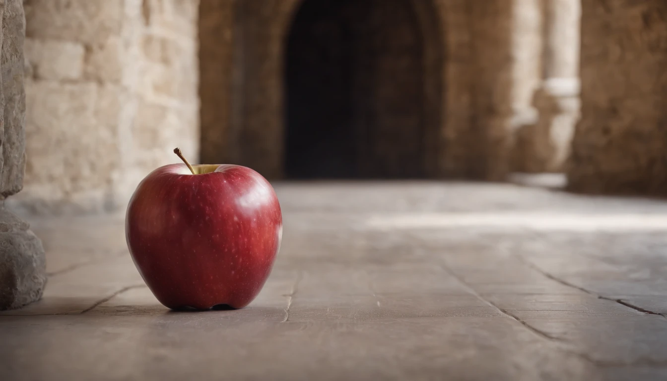 a red apple, left on the floor of a hallway in a medieval castle, day, cinematic scene from film