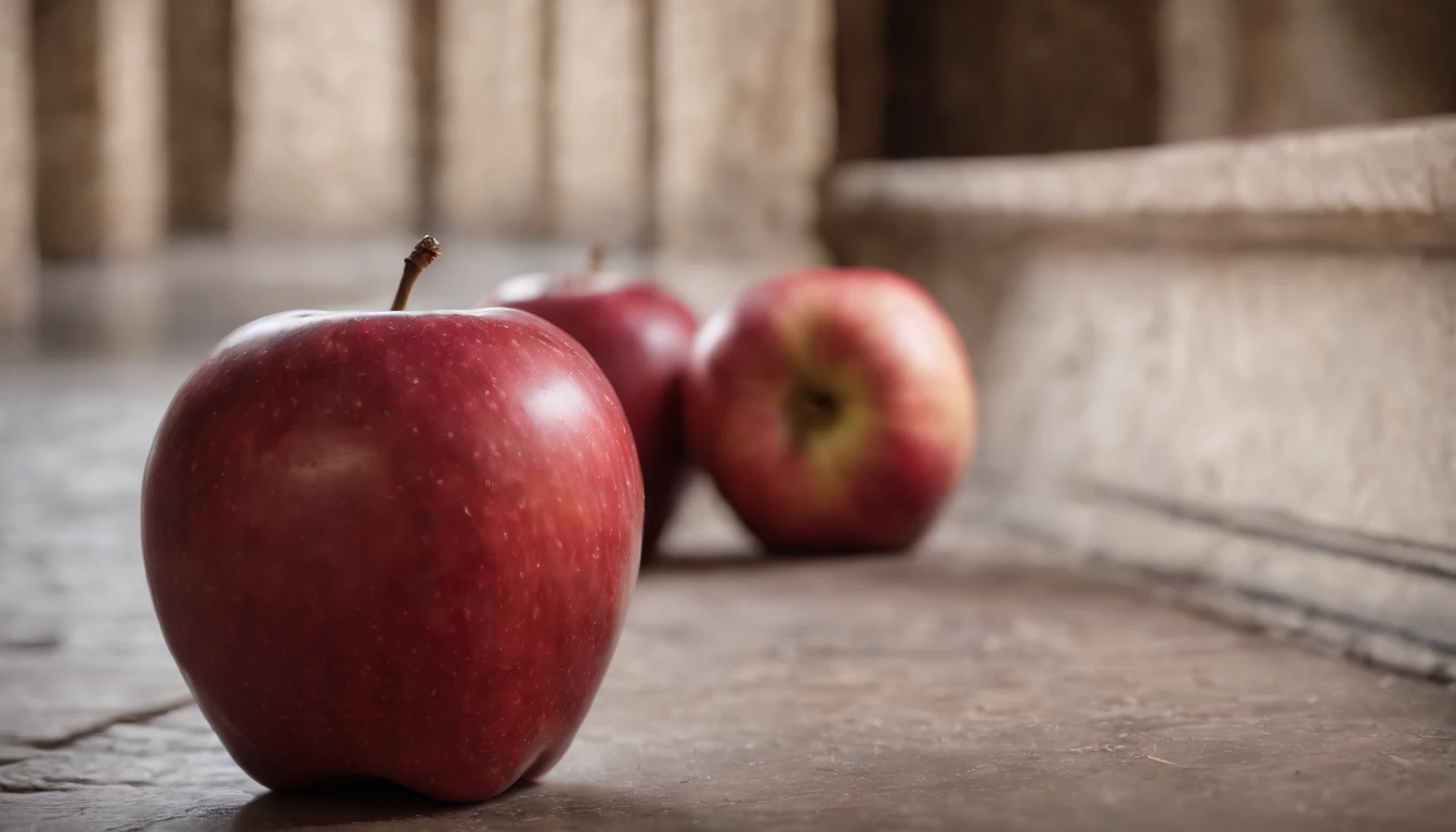 a red apple, left on the floor of a hallway in a medieval castle, day, cinematic scene from film