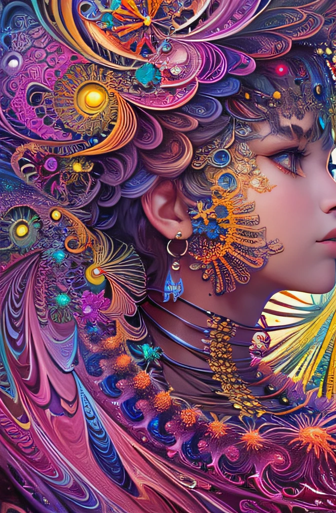 A painting of a woman with a colorful hair and a flower crown - SeaArt AI