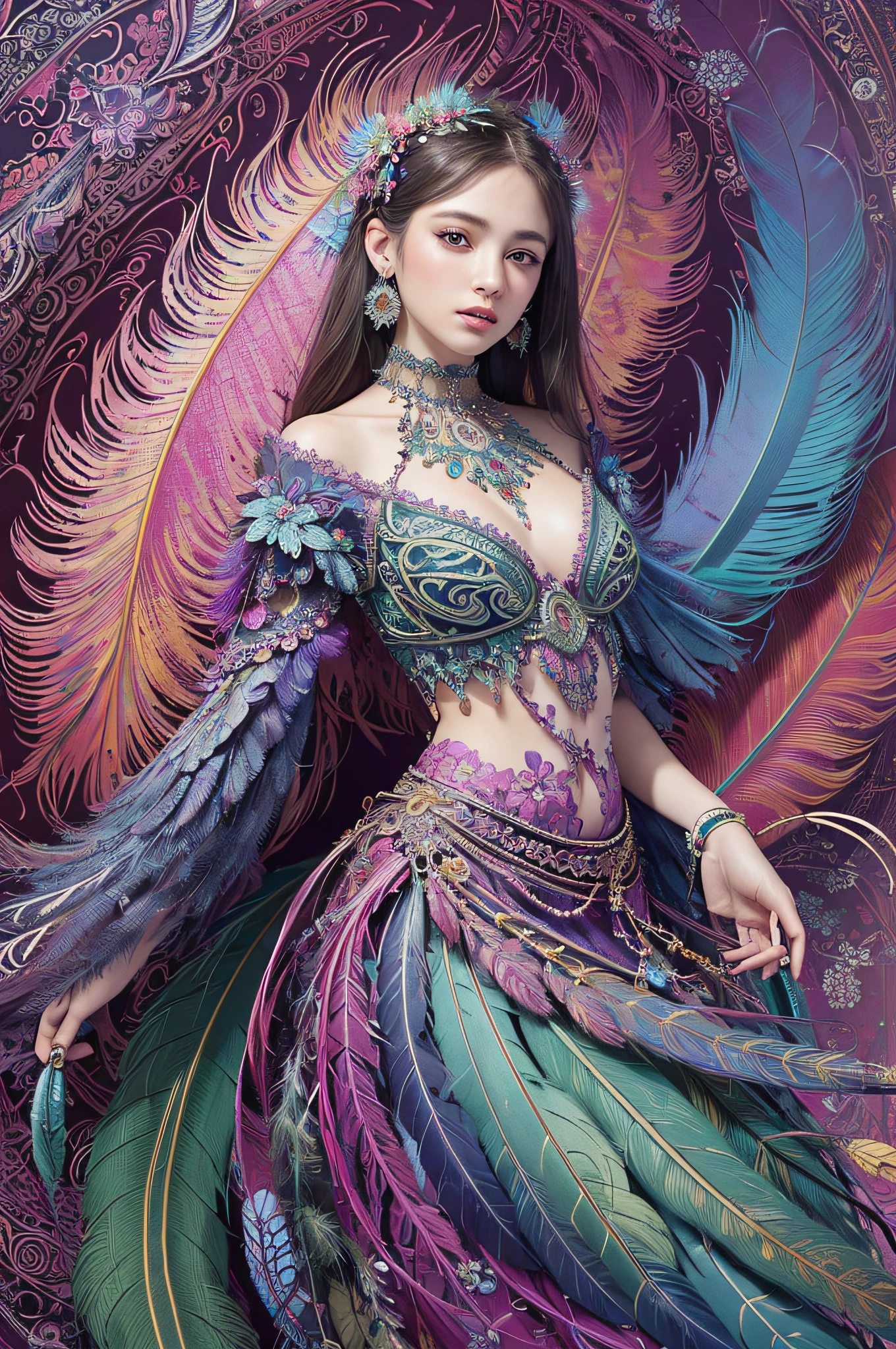 (masterpiece, top quality, best quality, official art, beautiful and aesthetic:1.2), (1girl:1.3), extremely detailed,(fractal art:1.1),(colorful:1.1)(flowers:1.3),highest detailed,(zentangle:1.2), full body, (abstract background:1.3), (shiny skin), (many colors:1.4), ,(earrings), (feathers:1.5),