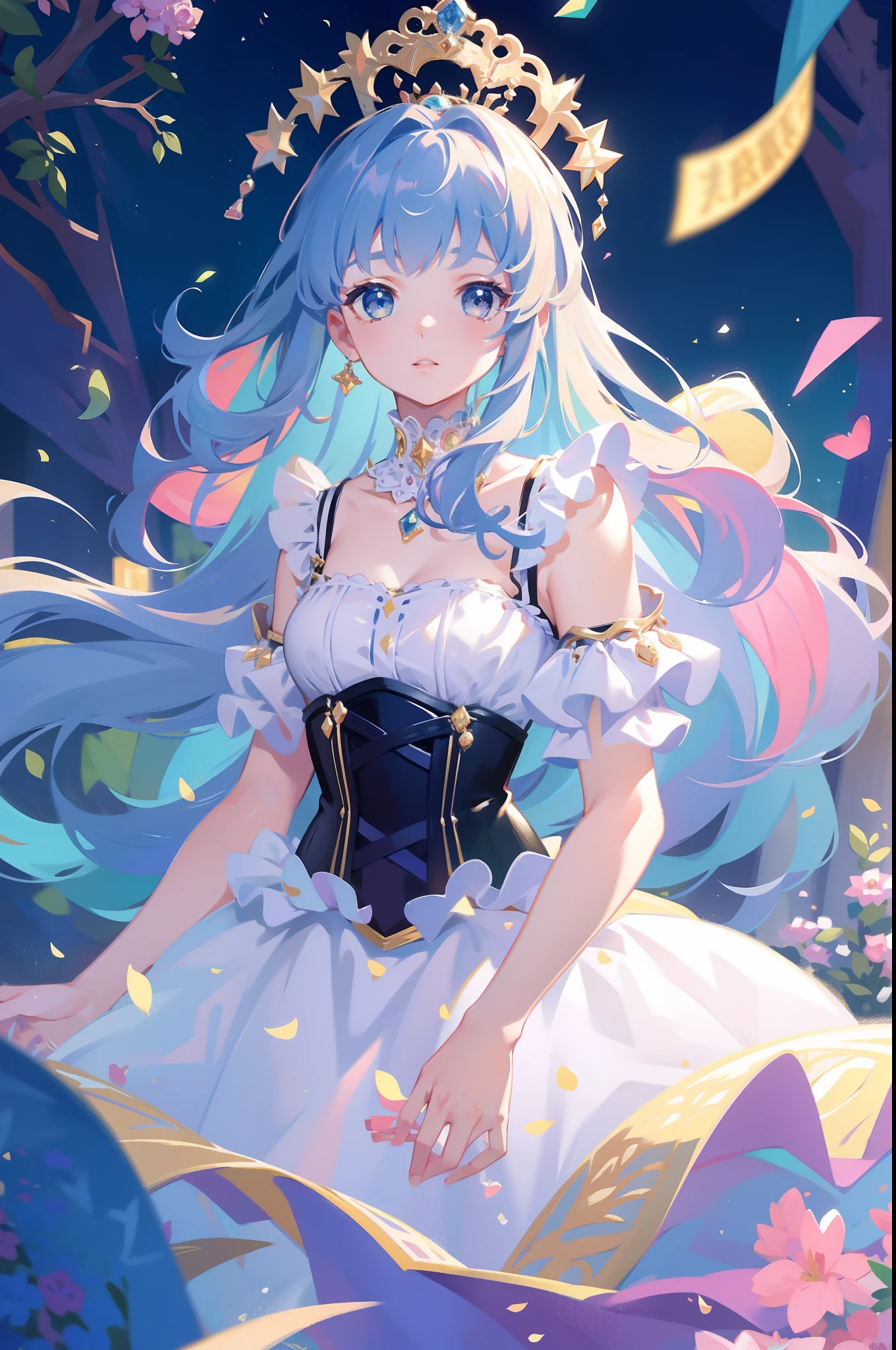 1girl, absurdres, black bow, black gloves, black legwear, blue eyes, blue hair, bow, collarbone, dress, drill hair, frilled dress, frills, gloves, gwen \(league of legends\), hair ornament, highres, league of legends, long hair, parted lips, puffy sleeves, pink pupils, smile, solo, white dress, x, x hair ornament,large breasts, indoors,half_naked