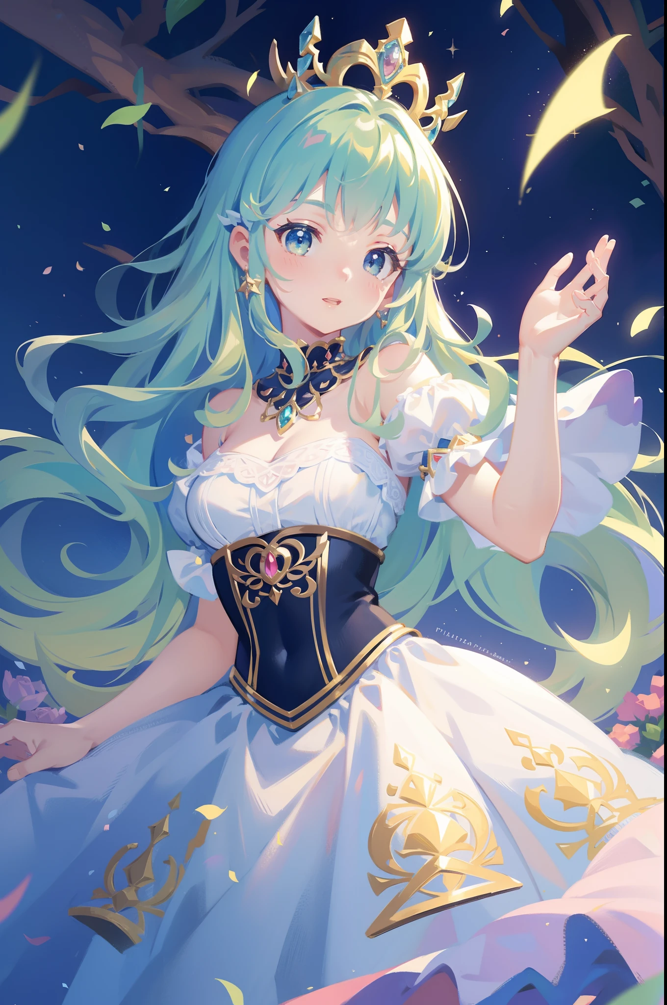 masterpiece, 8k, sharp focus, high resolution, princess, beautiful girl, fantasy princess dress, puffy multi-layered tiered ballgown, corset, collar, sharp focus, intricately detailed dress design, colorful, whimsical, fantasy, magical