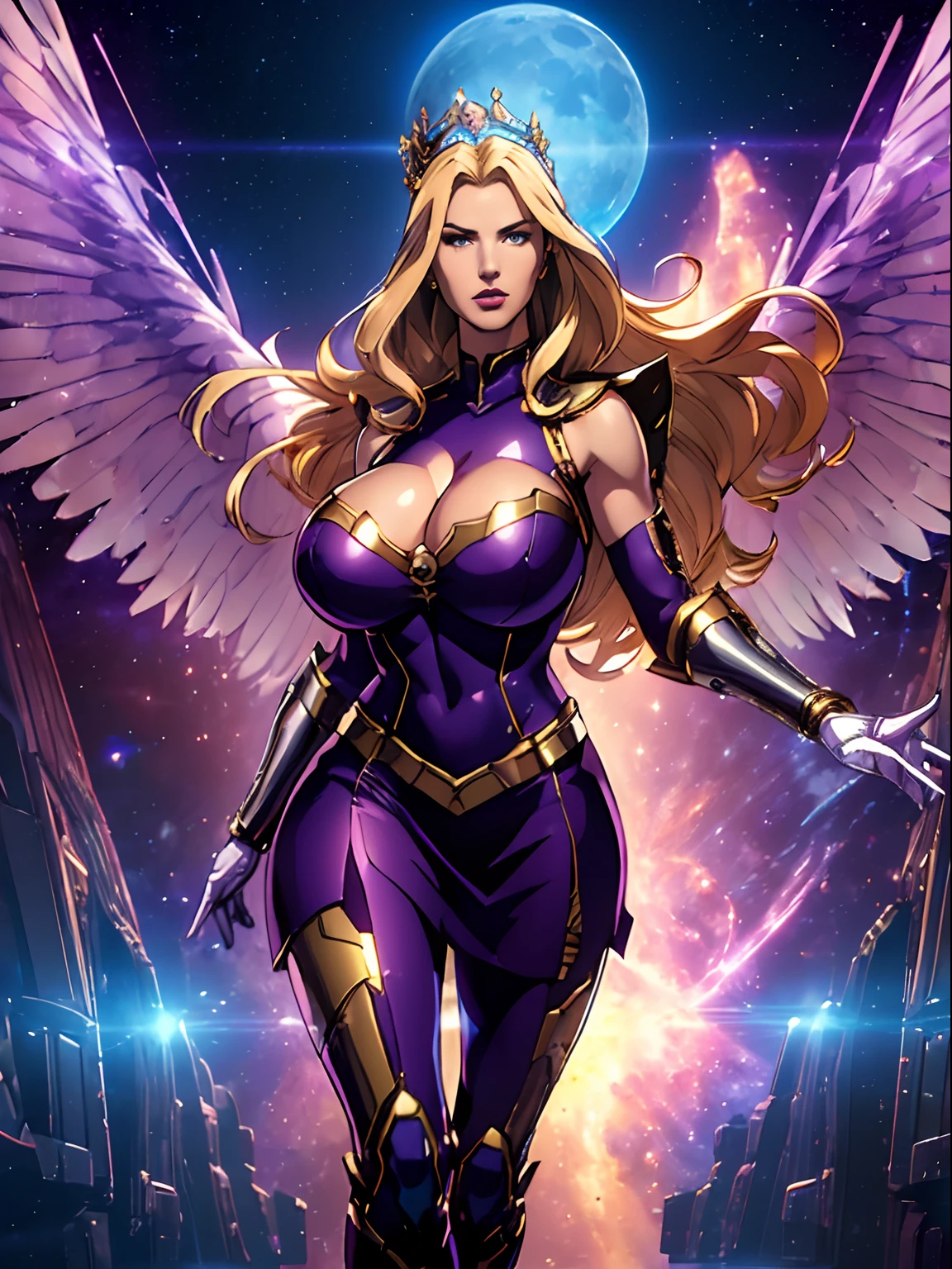 (masterpiece, top quality, best quality, official art, beautiful and aesthetic:1.2), (1girl:1.3), extremely long curly golden hair, extremely detailed, portrait, looking at viewer, solo, (full body:0.6), detailed background, close up, (cool science fiction space theme:1.1), extremely busty valkyrie, charlatan, mysterious, shooting lasers in space, cybernetic angel, huge feathered wings, chrome boob armor, dark purple streamers and skirts and sleeves and knee wrappings, cybernetic implants, mechanical hand, laser cannon, arm cannon, revealing chrome armor, bare midriff, glowing laser energy, crown, halo, intricate armor, ornate chrome armor, sheer white fabric, elegant purple fabric, skirts, streamers, cowl, boots, bracers, ((((gigantic breasts))), slim waist, slim hips, long legs, athletic, SPACE, futuristic moon, (space exterior:1.1) background, dark mysterious lighting, shadows, magical atmosphere, dutch angle