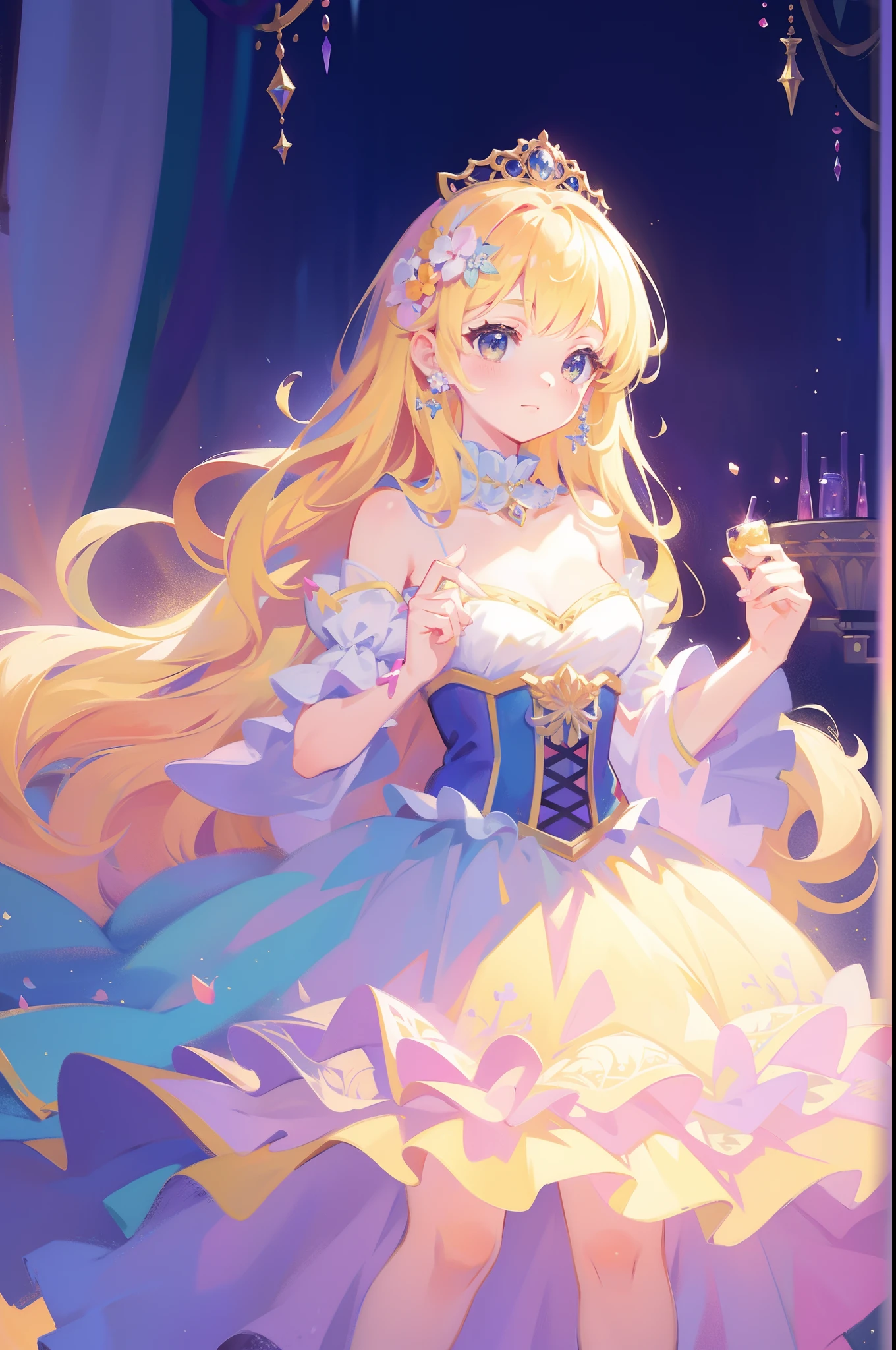 masterpiece, 8k, sharp focus, high resolution, princess, beautiful girl, fantasy princess dress, puffy multi-layered tiered ballgown, corset, collar, sharp focus, intricately detailed dress design, colorful, whimsical, fantasy, magical