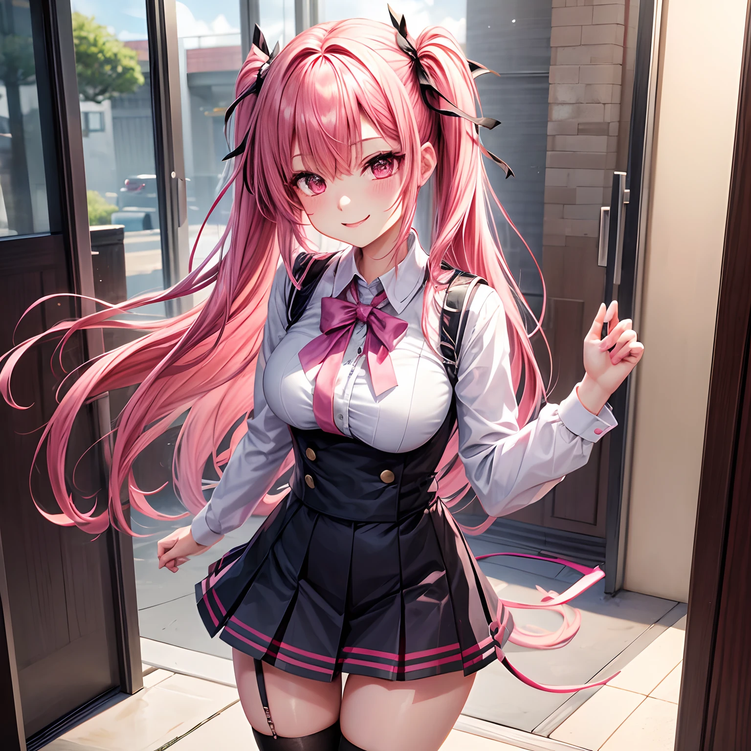 kisara，Beautiful girl with pink hair，She is a demon and a yandere，a smile，​masterpiece，超A high resolution，Ribbon on uniform，Cute Uniform，Beautiful Beautiful Girl，