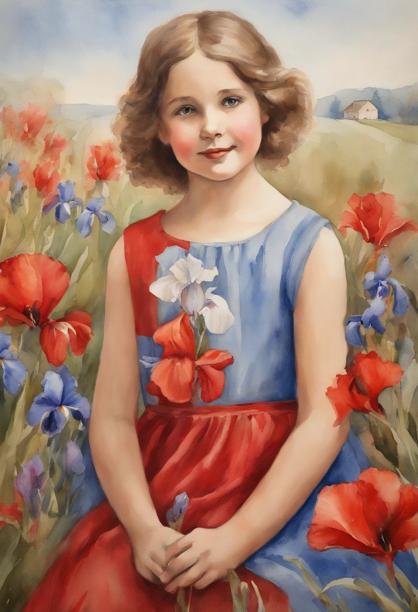 Young girl with red and blue iris, wearing red dress, Playing in the poppy garden, short brown hair, Cranes flying in the blue sky, Stacia Burlington Style, watercolour, soft colour, Serene face, Vintage images