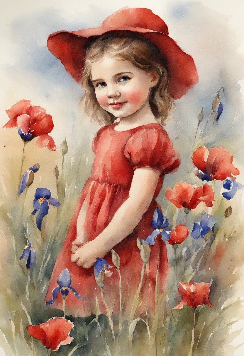 Young girl with red and blue iris, wearing red dress, Playing in the poppy garden, short brown hair, Cranes flying in the blue sky, Stacia Burlington Style, watercolour, soft colour, Serene face, Vintage images