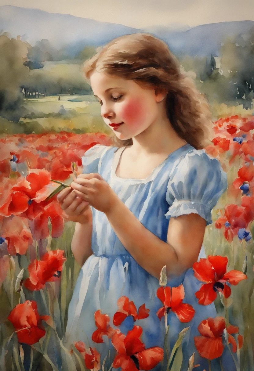 Young girl with red and blue iris, wearing red dress, Playing in the poppy garden, short brown hair, Cranes flying in the blue sky, Stacia Burlington Style, watercolour, soft colour, Serene face, Vintage images