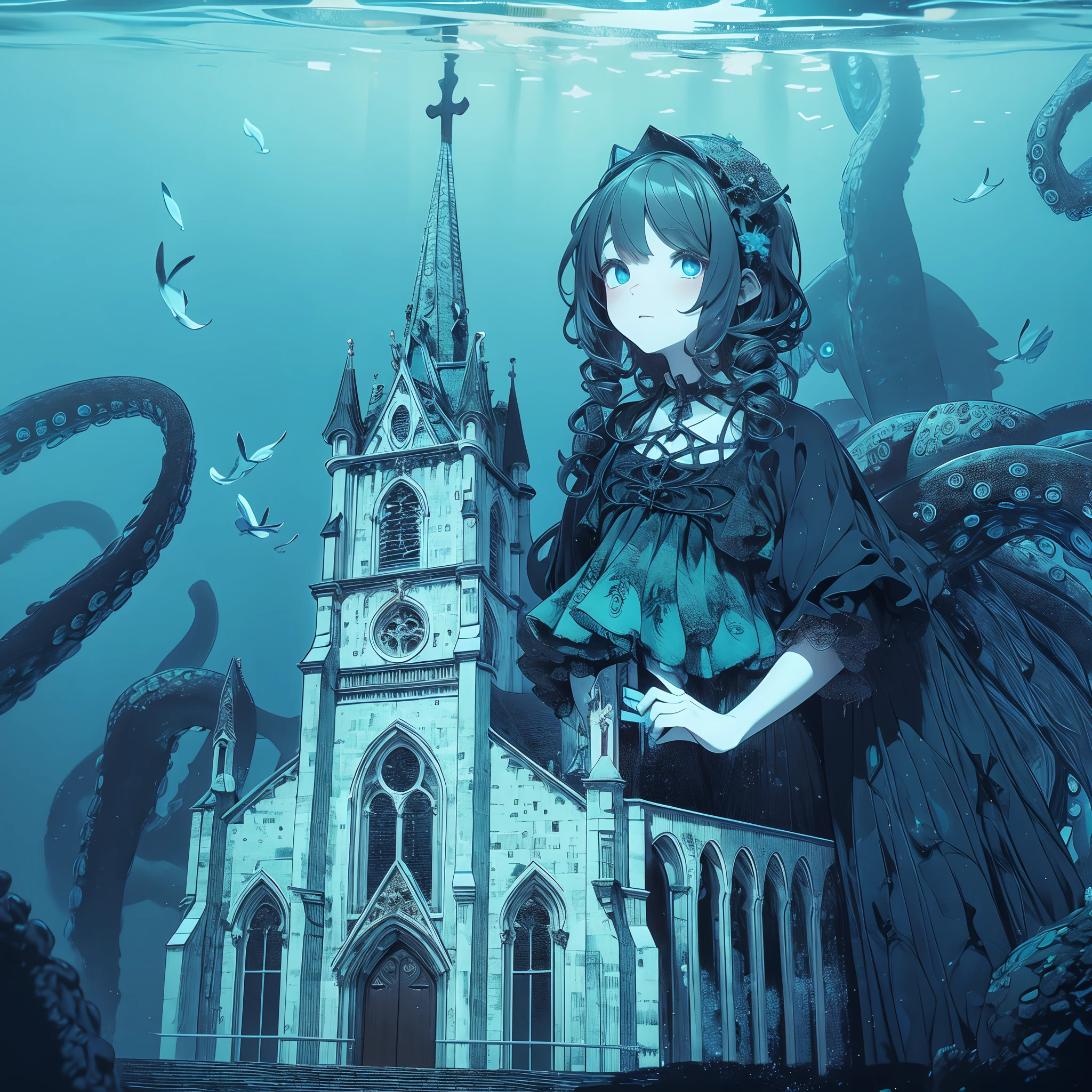 Undersea Church. She is a young girl leaning out from behind a church. She's a huge girl. She wears a gothic dress. Tentacles enveloping the church.