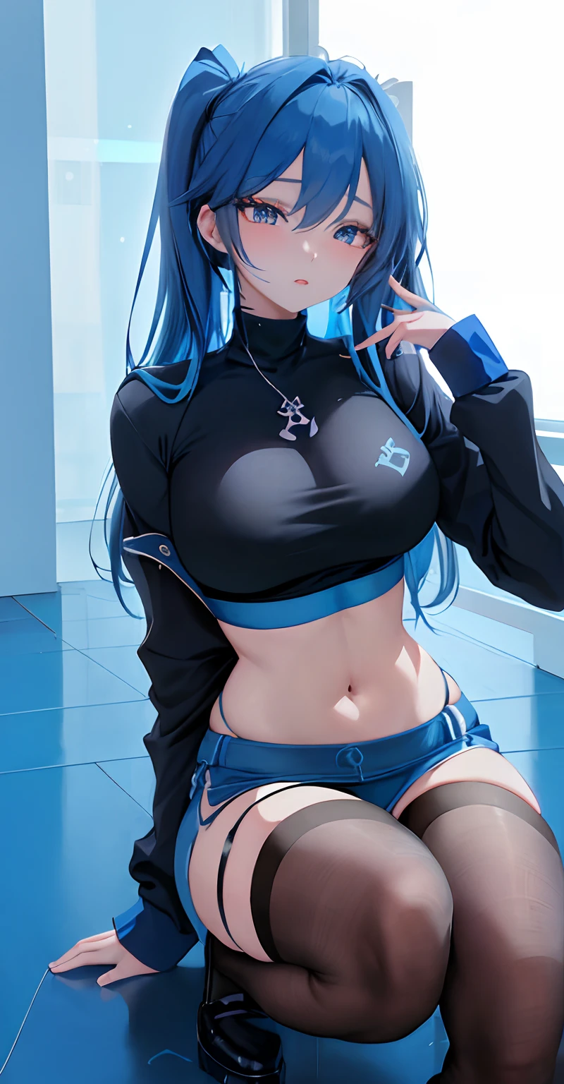 anime girl with blue hair and black top sitting on a blue floor, seductive anime girl, beautiful blue haired girl, ecchi anime style, with blue hair, attractive anime girl, beautiful alluring anime teen, beautiful alluring anime woman, girl with blue hair, pretty girl with blue hair, black and blue, (anime girl), blue and black, 2 d anime style