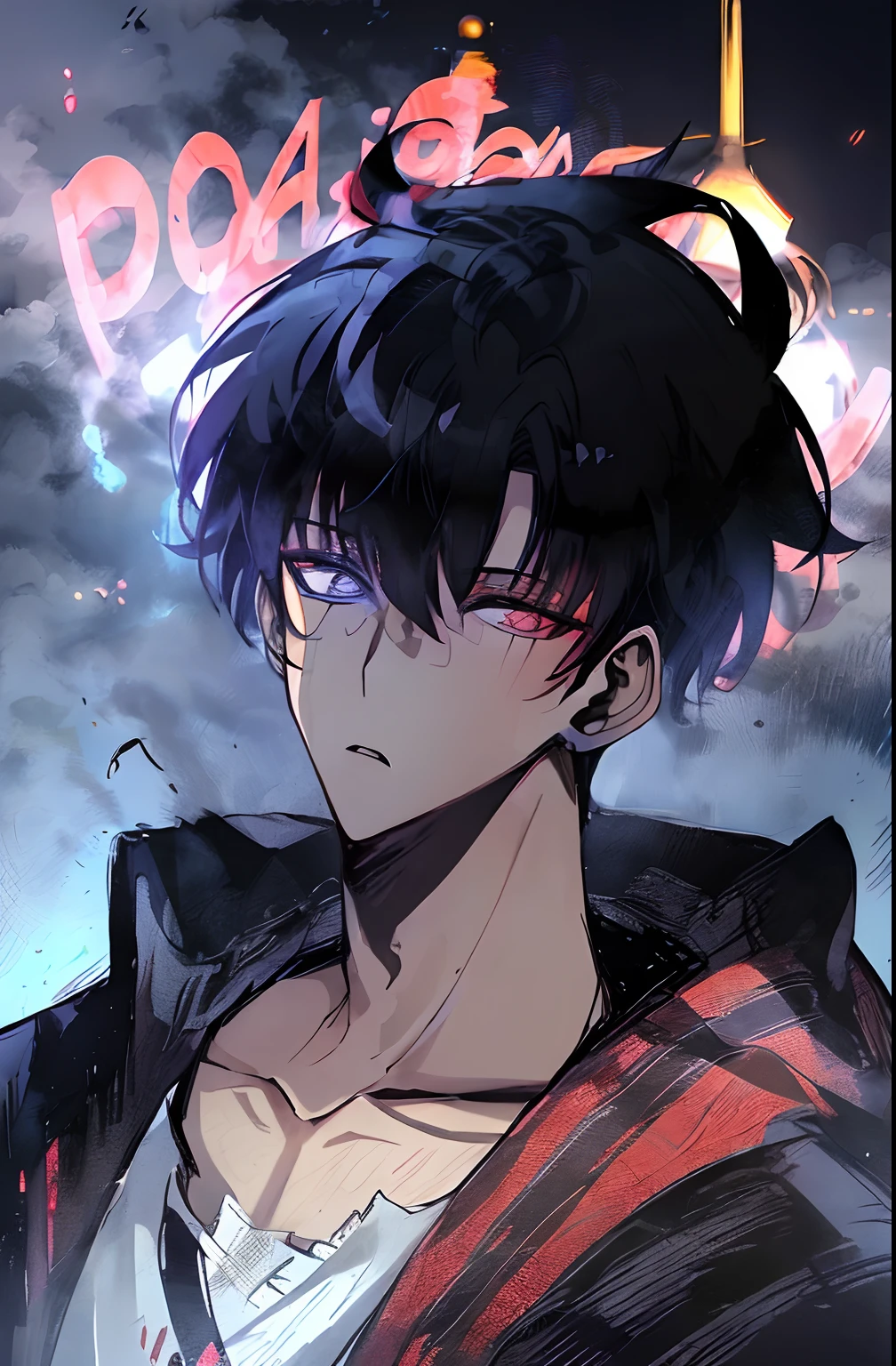 kk, melhor qualidade, mais detalhes, obra-prima, 1boy, kaneki ken, retrato, foco masculino, olhos de sharingan, solo, franja, olhando para o espectador, capuz preto, cabelo curto, chuva, tokyo tokyo \(cidade\), capuz, nail polish, cabelo preto, luxuoso, 8k, detalhado, ray tracing, profundidade de campo, cinematic lighthing,