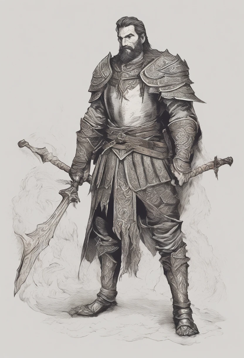 obra prima, melhor qualidade, guerreiro, D&D, cabelos compridos, barba longa, segurando uma arma em formato de clava de ferro negro, armadura avermelhada, with details of dragon scales, lutando contra um cavaleiro esqueleto