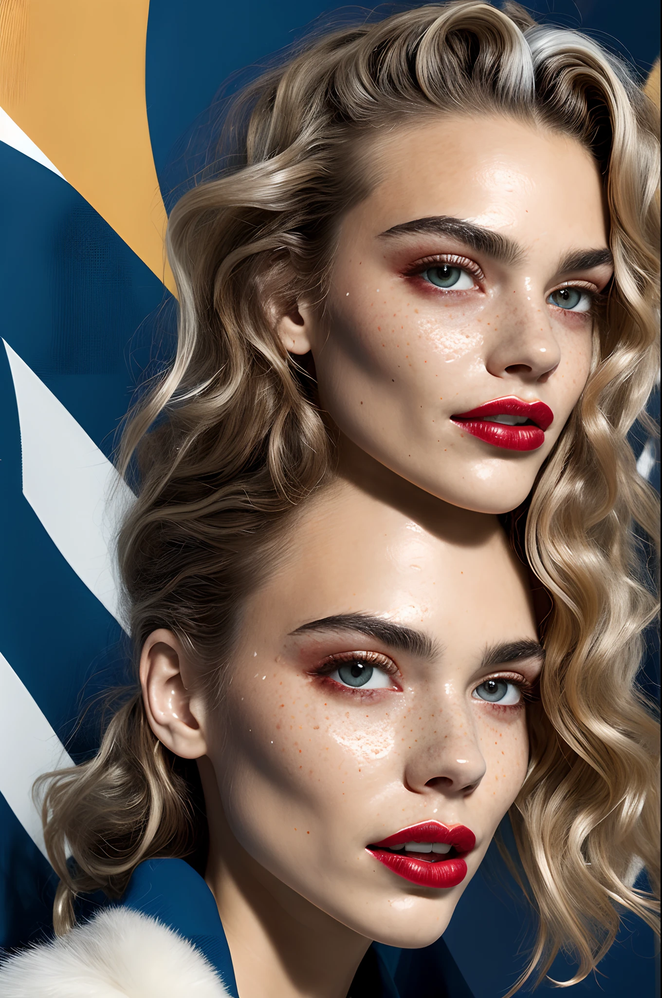 Young male, lean and athletic physique, sun-kissed skin, dimples, soft splatter of barely visible freckles across his nose, warm honey colored eyes, white alabaster wavy fluffy hair touching the line of his defined jaw, chiseled high cheekbones, pouty full lips, dimples, dark full eyebrows, futuristic metallic clothing with geometric shapes within the design