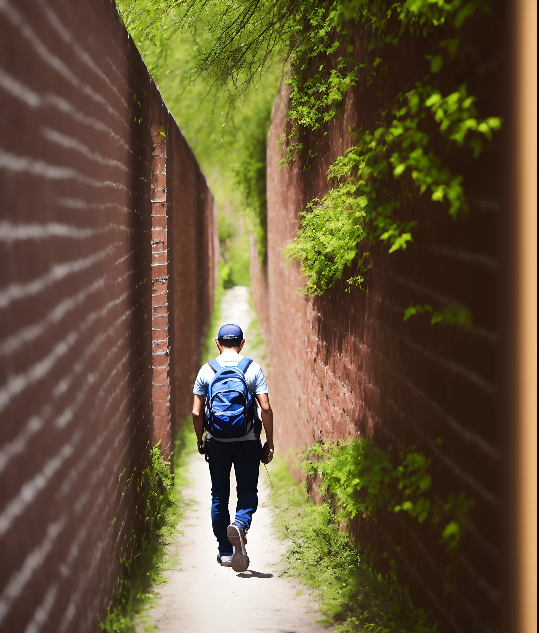 Homem Arafed caminhando em uma estrada entre duas estradas, Hiding behind obstacles, waiting behind a wall, Behind the Wall, Rigid contrast, Barreiras, obra sobre um caminho para a liberdade, PAREDE ], Hiding behind a brick wall, passagem estreita, Meio, sem arredores, artistic rendering, Directed by: Loren Munk, Alex Andreev, manipulacao, unobstructed road, Integridade da Barreira