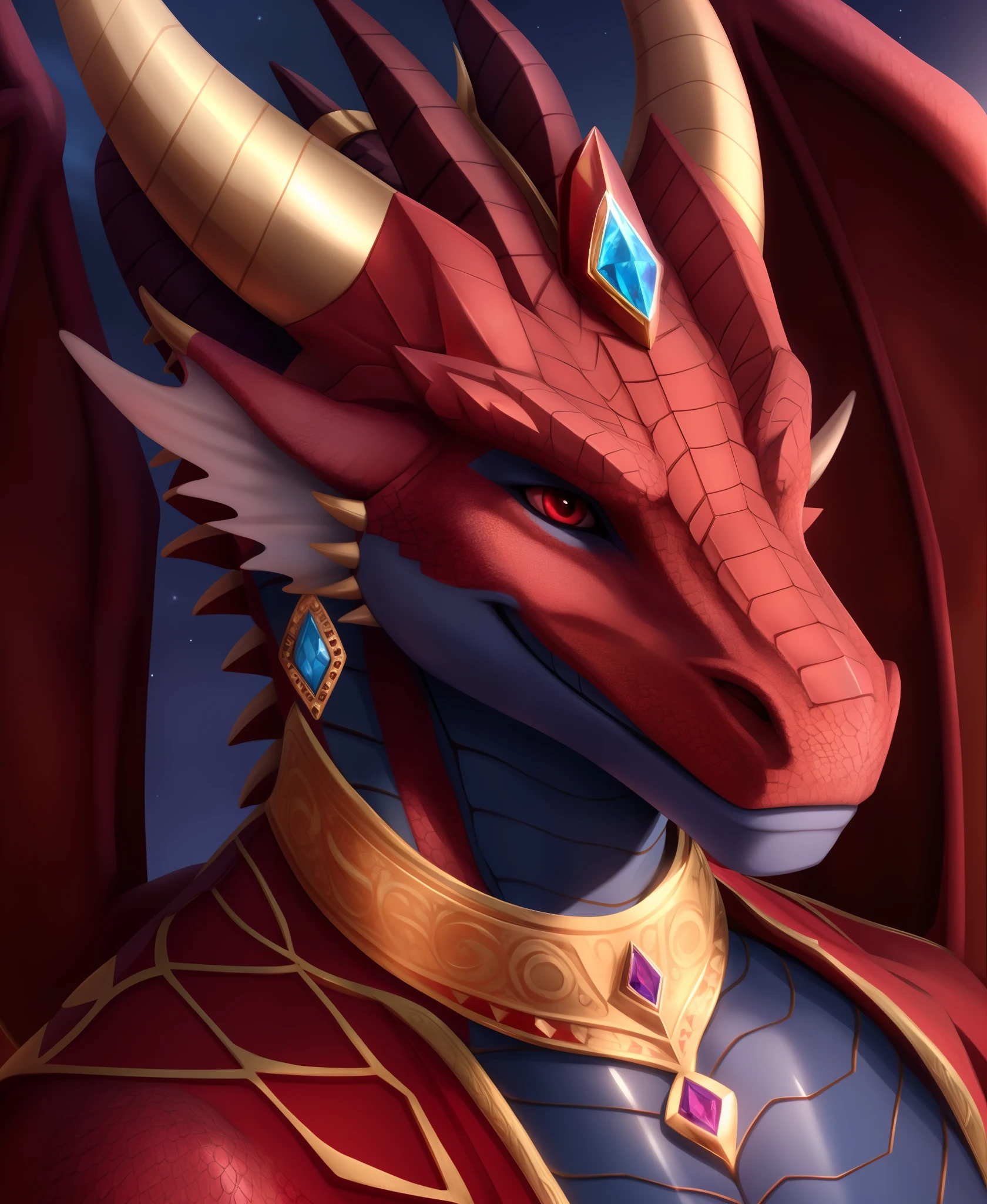 scalie, a close up, male anthro dragon, detailed scales, red eyes, horns, wings, smile, forehead gem, horn jewelry, elegant, 4k, 8k