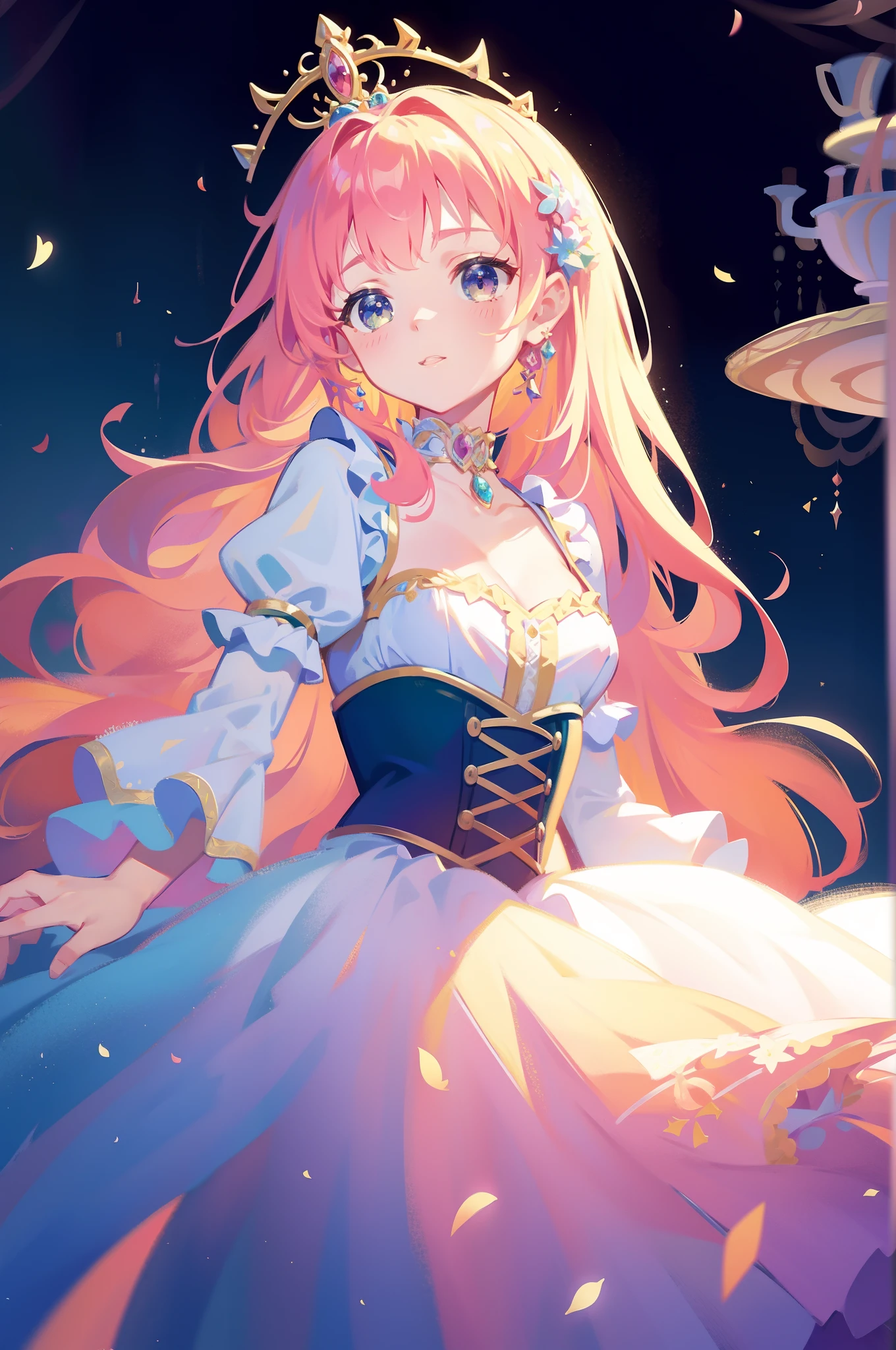 masterpiece, 8k, sharp focus, high resolution, princess, beautiful girl, fantasy princess dress, puffy multi-layered tiered ballgown, corset, collar, sharp focus, intricately detailed dress design, colorful, whimsical, fantasy, magical