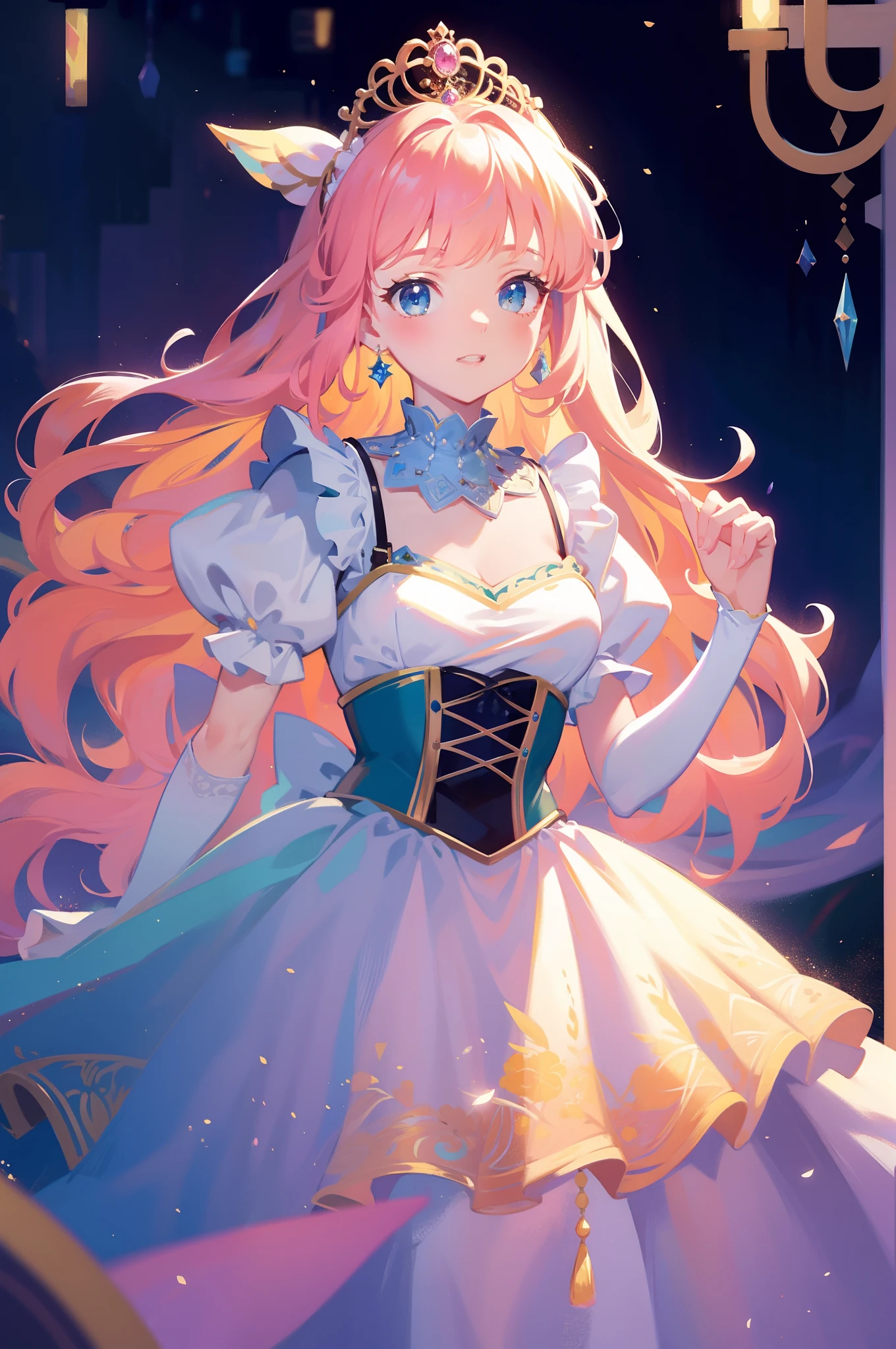 masterpiece, 8k, sharp focus, high resolution, princess, beautiful girl, fantasy princess dress, puffy multi-layered tiered ballgown, corset, collar, sharp focus, intricately detailed dress design, colorful, whimsical, fantasy, magical